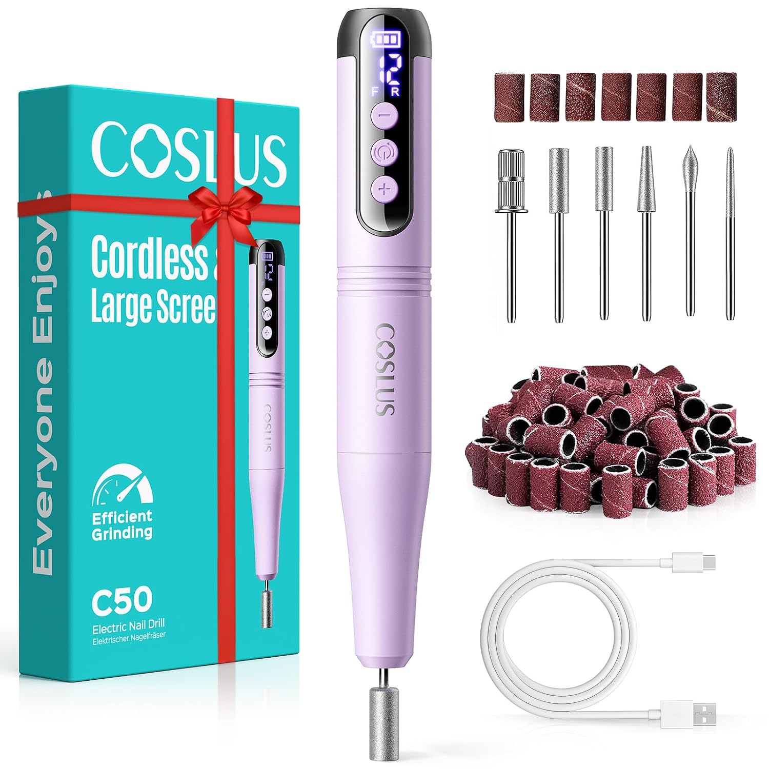 Detalle de COSLUS C50 Cordless Electric Nail Drill (12-Speed) with LED Display, Purple