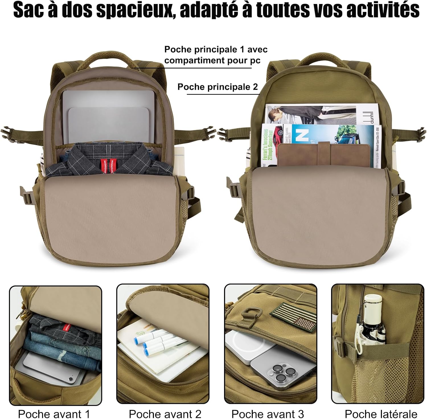Detalle de FRONET Cartable Garçon/Fille Adolescent et Enfant 50×35×23 cm – Grand sac à dos 17,3" multi-compartiments, kaki