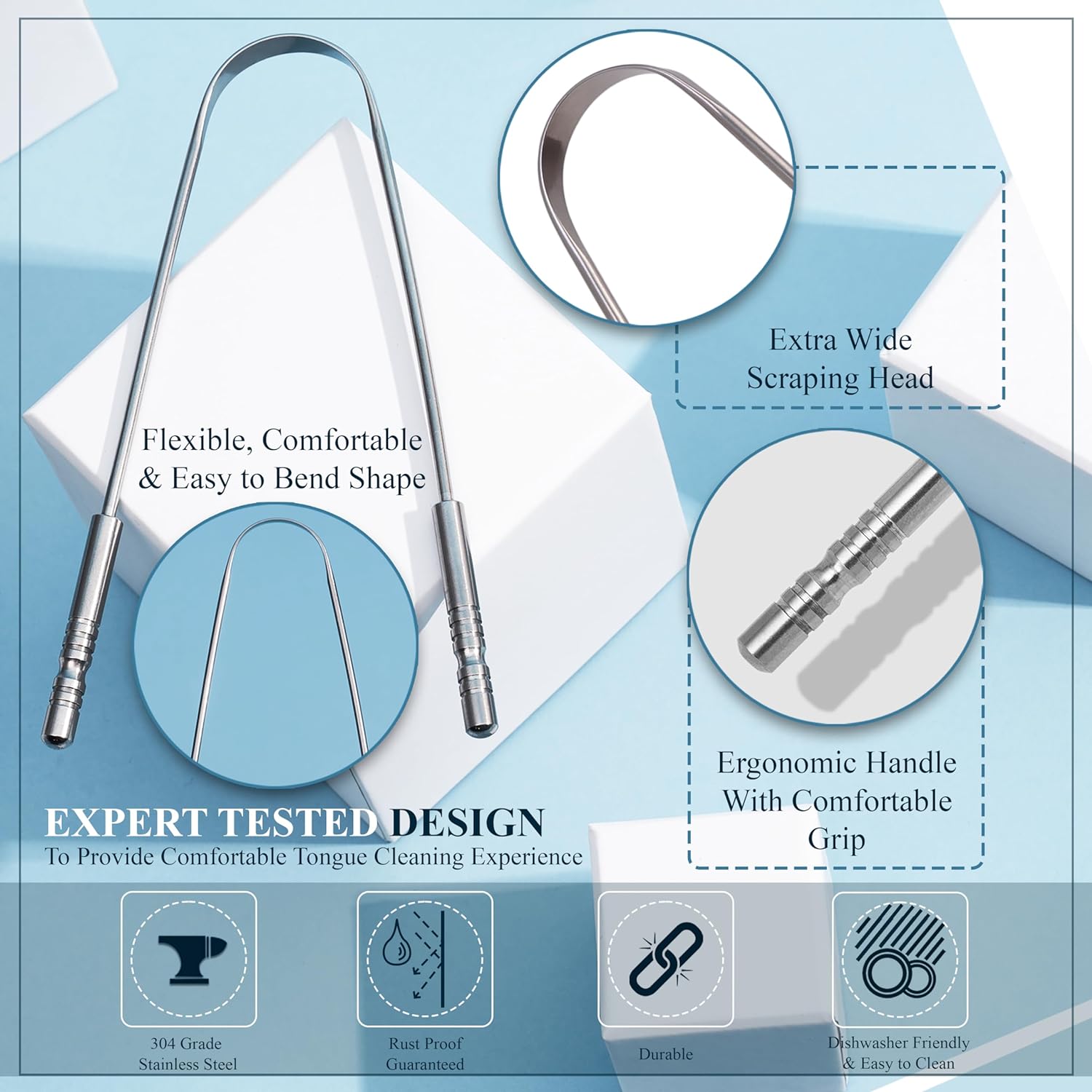 Detalle de MasterMedi U-Shaped Stainless Steel Tongue Scraper (2 Pack) with Multicolor Travel Cases