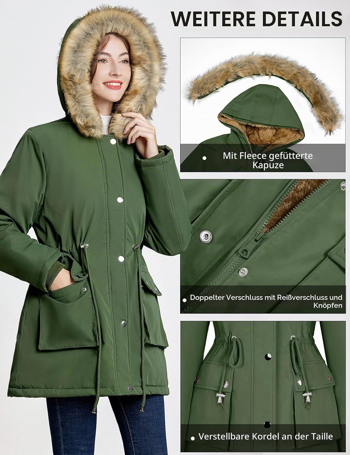 Thumbnail 3 de Xnova Damen Wintermantel Parka Fleece Gefüttert – mittellang, winddicht, wasserabweisend mit Kapuze