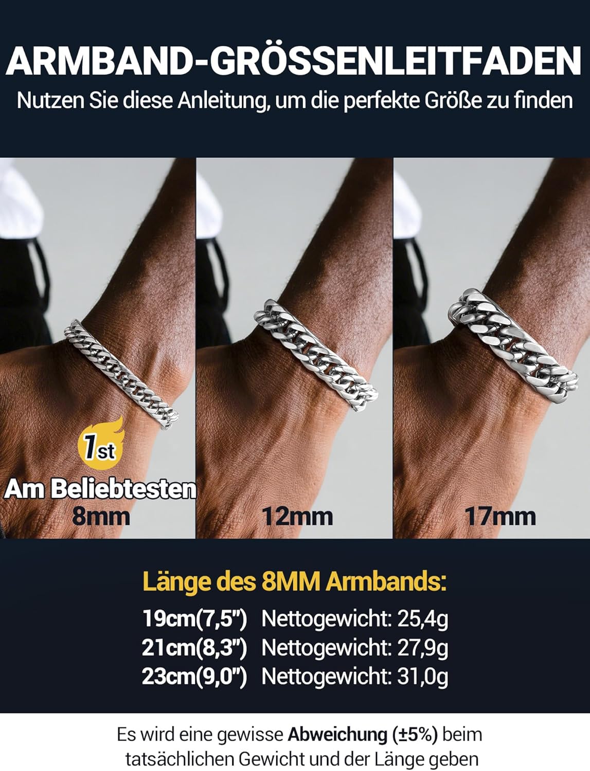 Thumbnail 2 de PROSTEEL Herren Armband Edelstahl/18k vergoldet – Schwarz Panzerkette, 8 mm, 19/21/23 cm