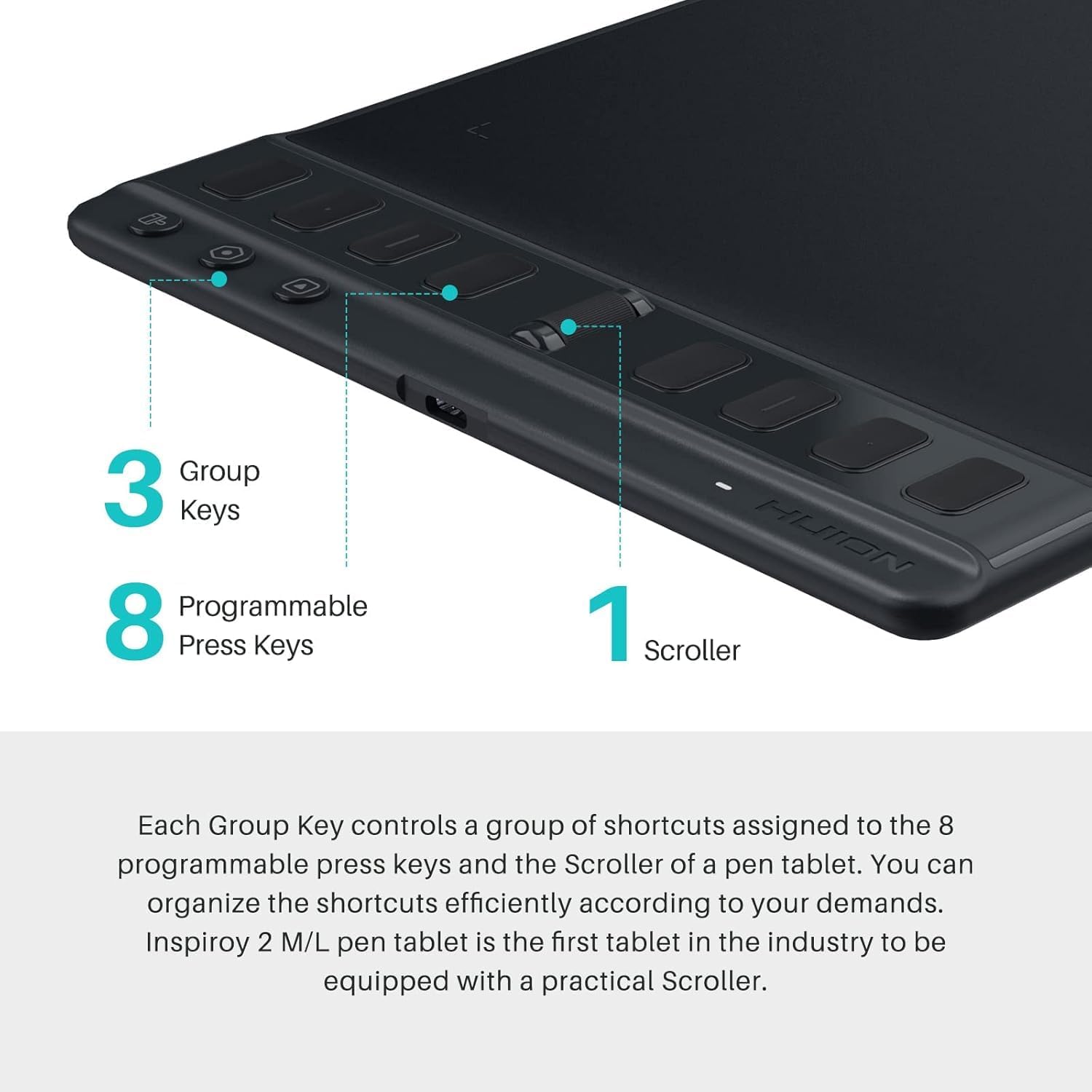 Thumbnail 1 de HUION Inspiroy 2 M graphics tablet with PW110 pen, 8 shortcut keys and custom scroll (Black)