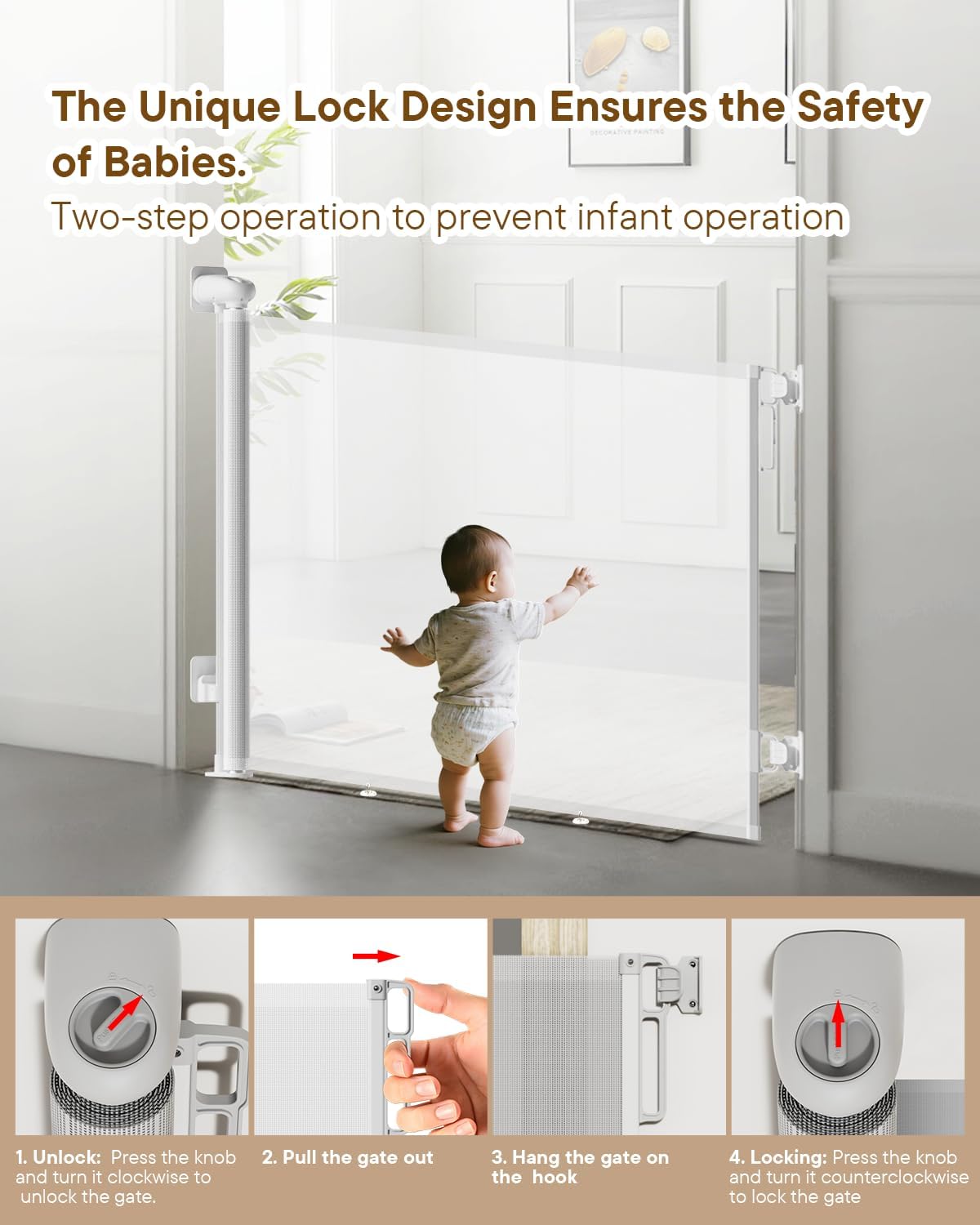 Detalle 2 de BBsecure SG025 Retractable Baby Gate, 71" Wide, 34" High, White