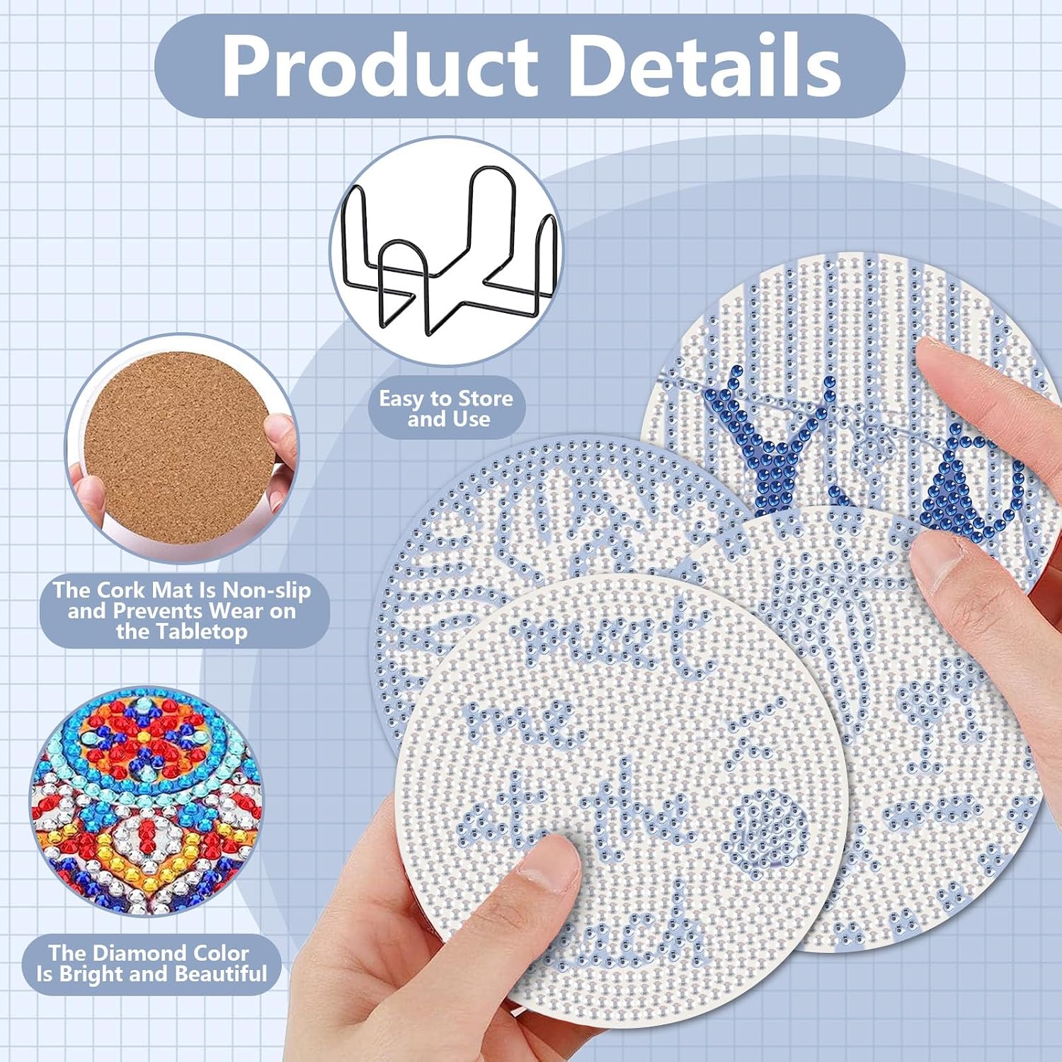 Detalle de HMZephitiquc Beach Diamond Art Coaster Kit, 8-Piece Set with Holder