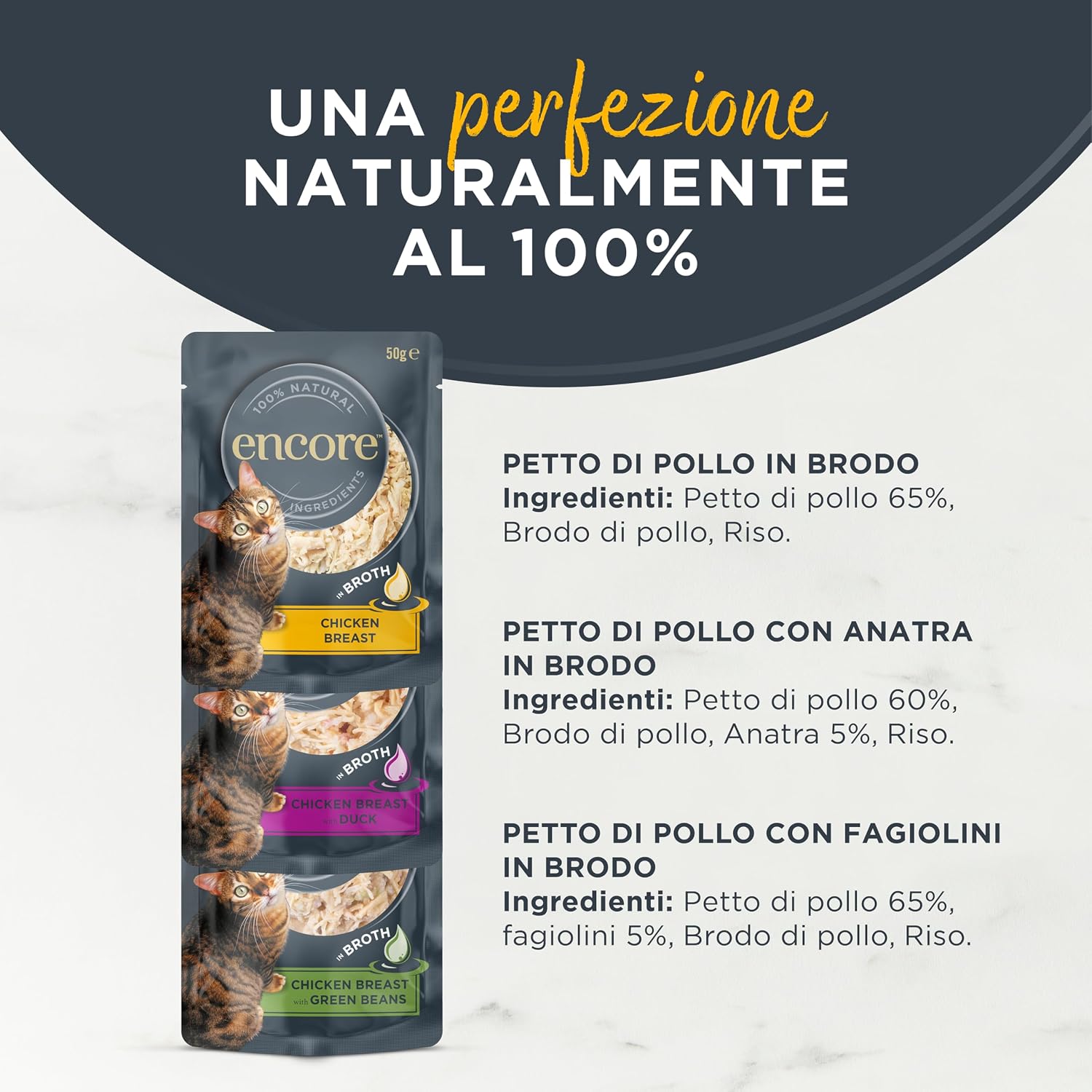 Detalle de Encore Alimento Umido per Gatti 100% Naturale – Pollo assortito in brodo, confezione da 20 buste