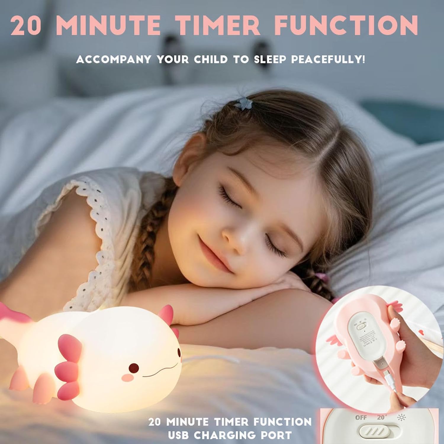 Detalle 2 de Axolotl Night Light for Kids LED Silicone Lamp ๐ช