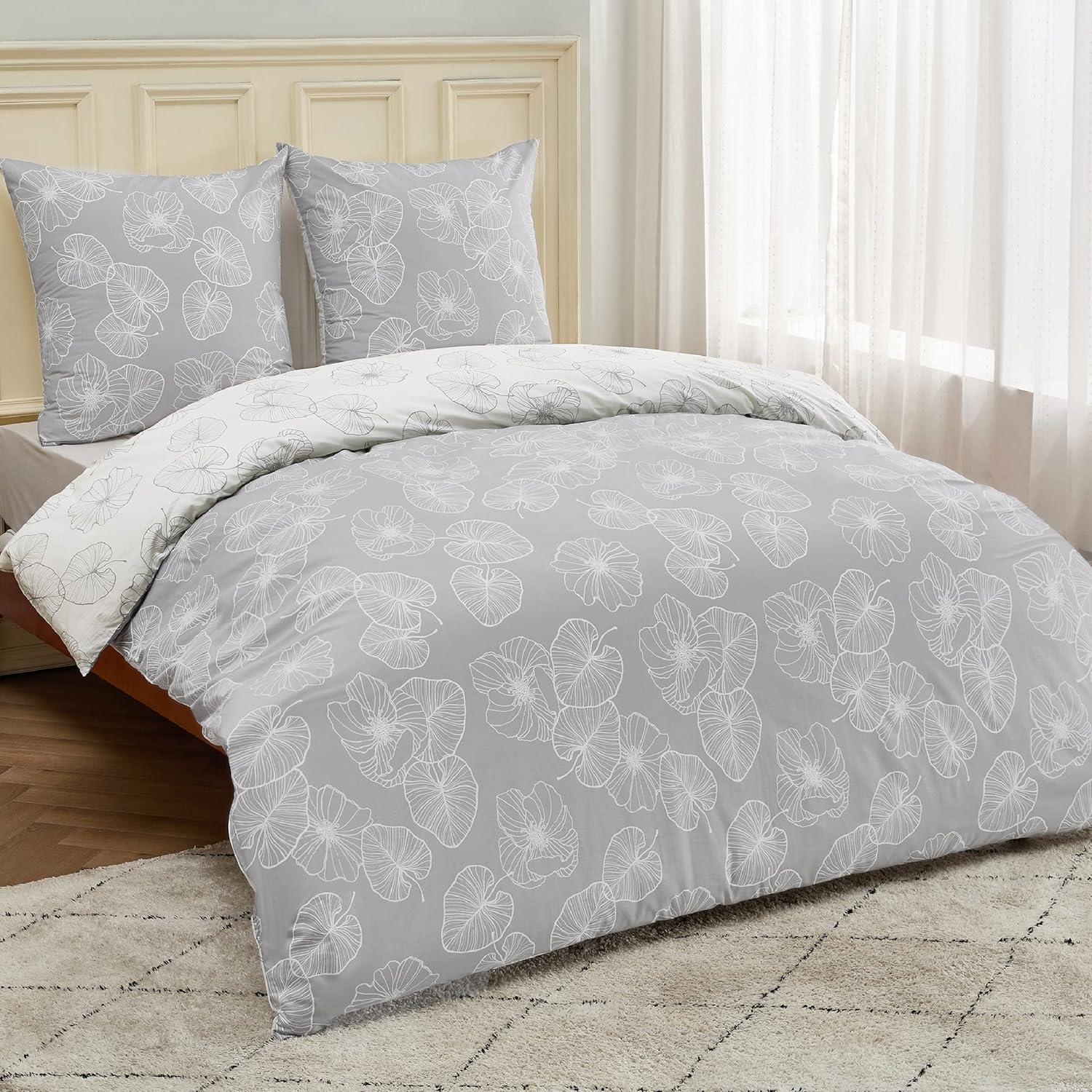 Thumbnail 6 de BEDSURE Bettwäsche 155x220 aus Baumwolle (3-teilig) mit Reißverschluss – Grau, Öko‑Tex, Ginkgo-Muster