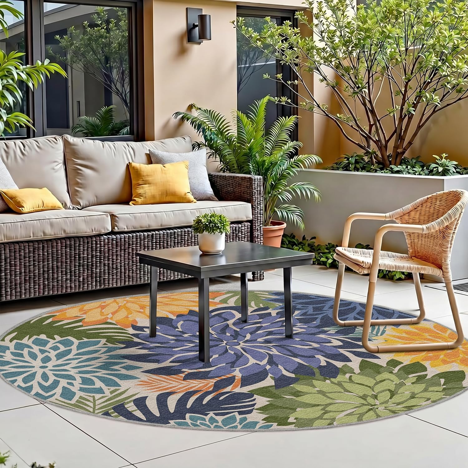 Detalle de Arenarug DTSH241004FBA 6' Round Outdoor Rug, Waterproof Floral Chenille