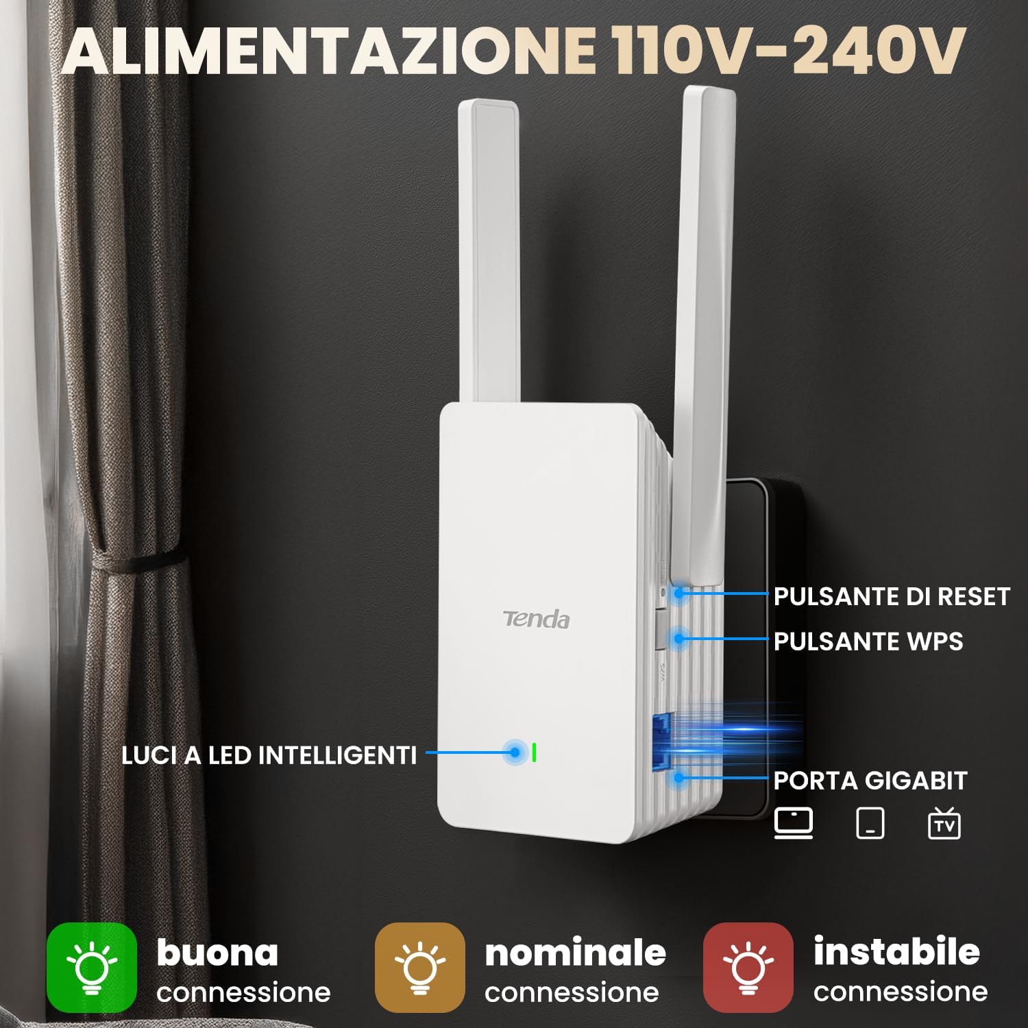 Detalle de Tenda Ripetitore WiFi 6 A23: estende la rete con WiFi 6 dual band AX1500