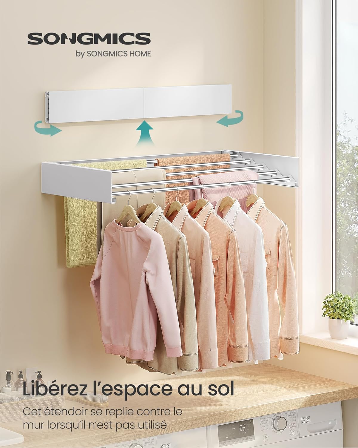 Thumbnail 1 de SONGMICS Étendoir à Linge Mural Rabattable 5 Barres 80 cm – gain de place, aluminium, intérieur et extérieur