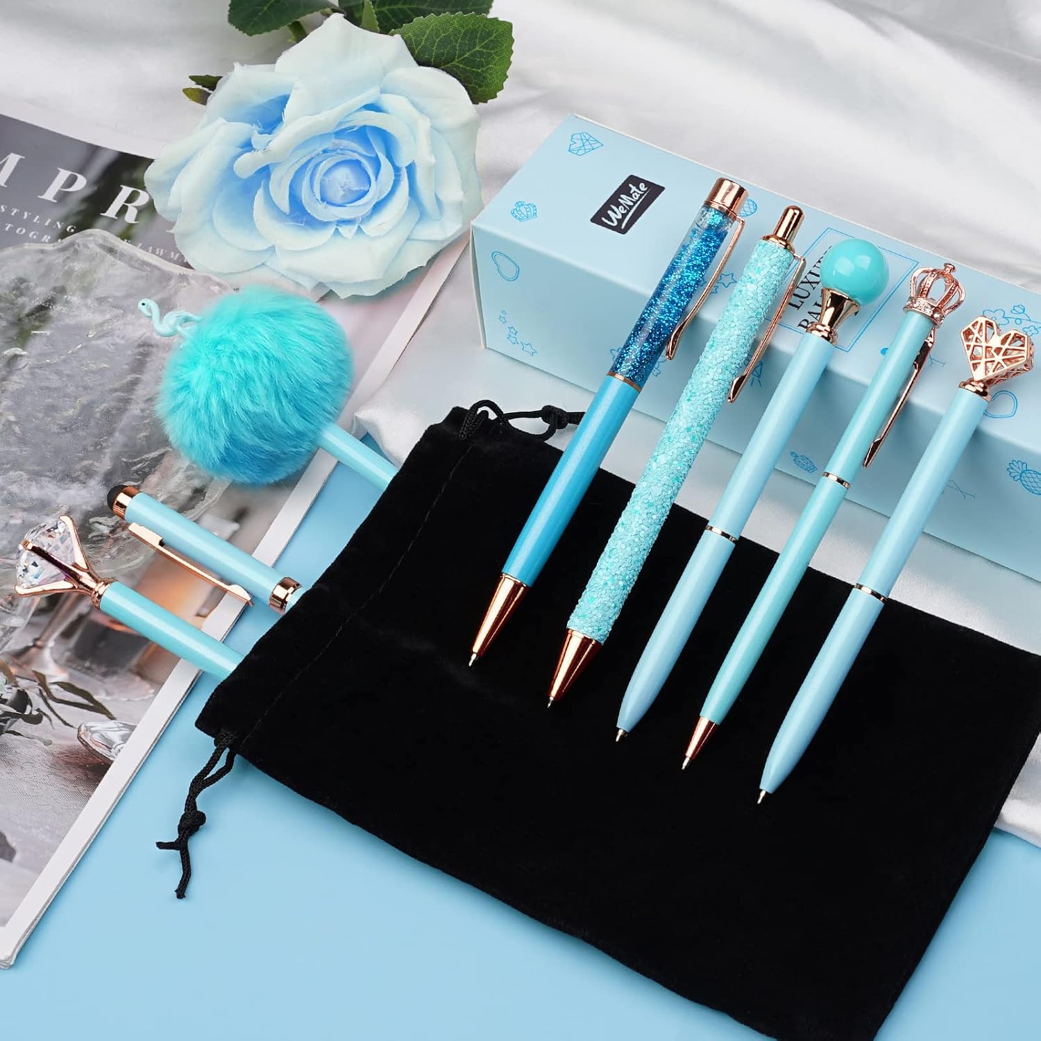 Detalle de WEMATE 8Pcs Ballpoint Pens Set – Blue Ink, Metallic Design, Ideal Gift for Bridesmaids and Office Use