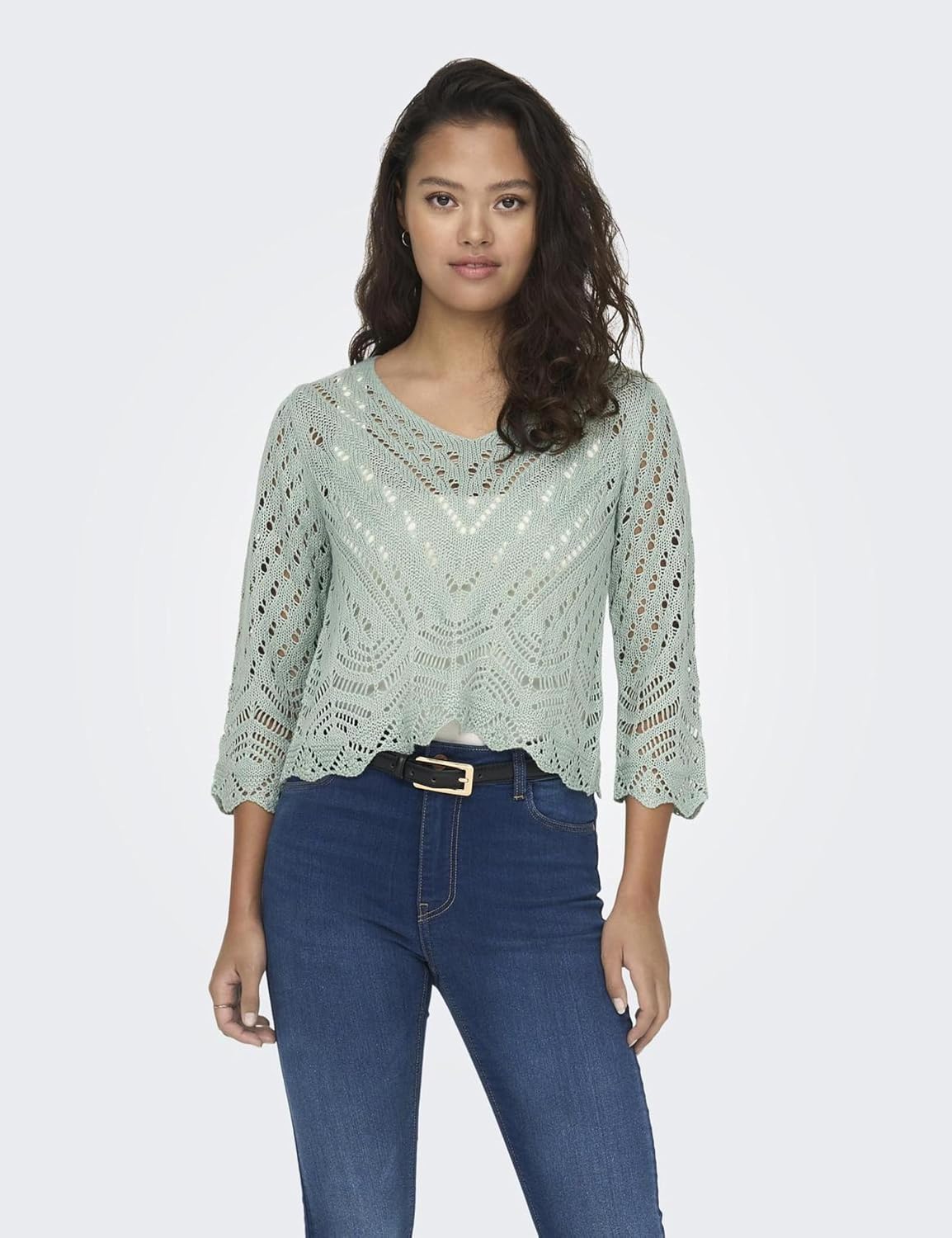 Detalle de JDY Damen Jdynew Sun 3/4 Cropped Pullover KNT Noos Gehäkeltes Hemd Mit V-Ausschnitt