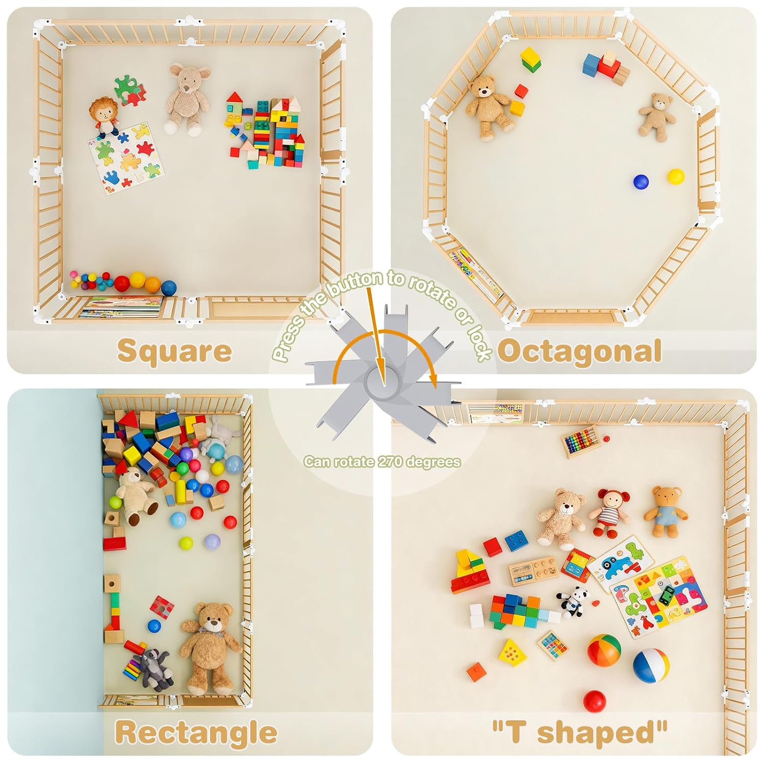 Detalle de 63" × 63" Foldable Wooden Baby Playpen with Activity Boards and 11 Toys