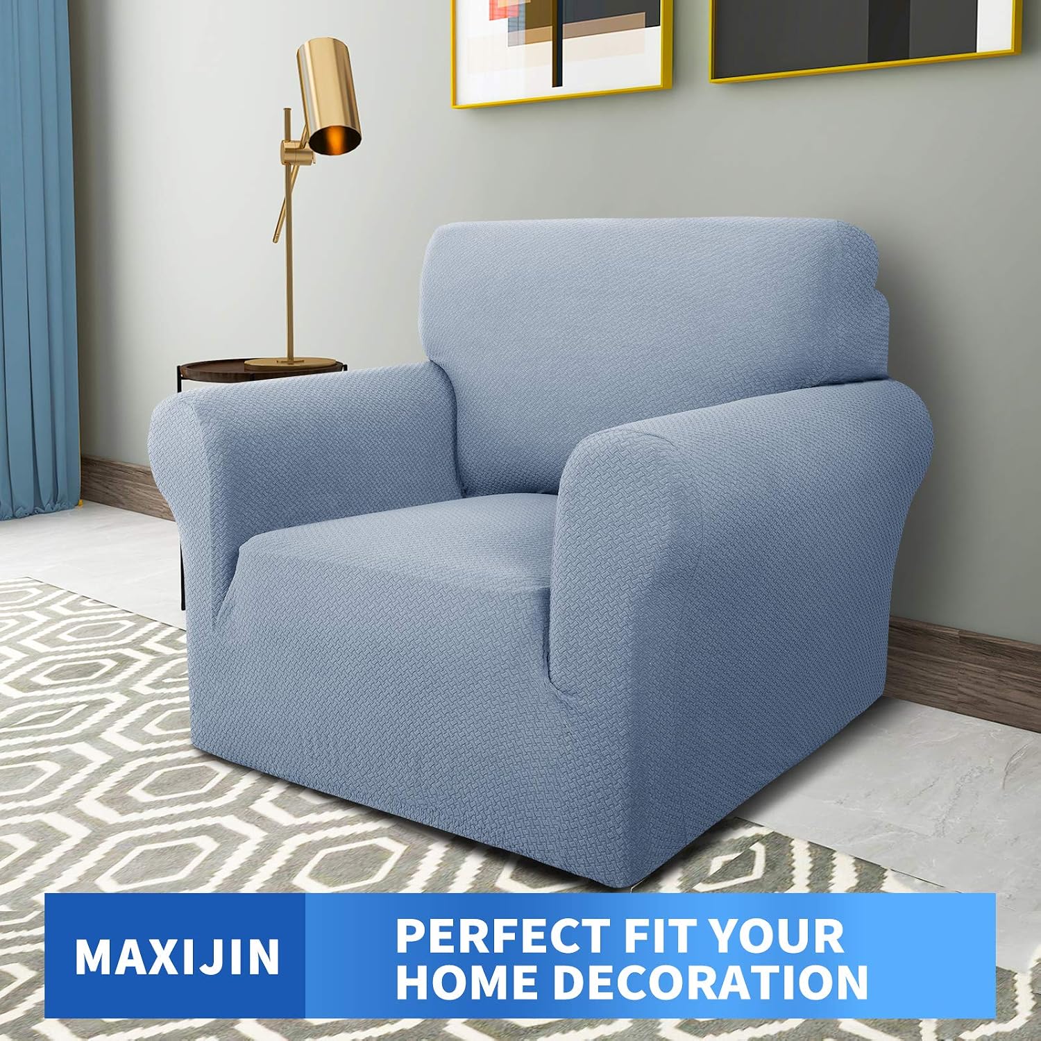 Detalle de MAXIJIN Creative Jacquard Chair Covers for Living Room – 1 Seater, Light Blue