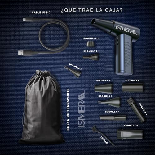 Detalle de ISMERAL Soplador de Aire Potente 150000 RPM – Pack completo (6000 mAh, 9 boquillas)