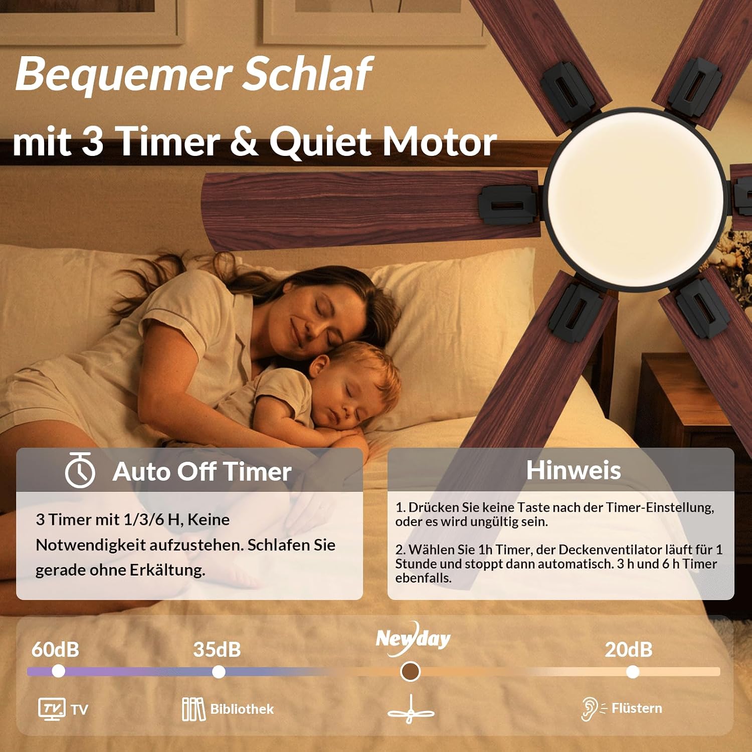 Thumbnail 2 de Newday Deckenventilator Flach Holz 132 cm – leise DC-Motor, dimmbares LED-Licht, 6 Flügel, Fernbedienung