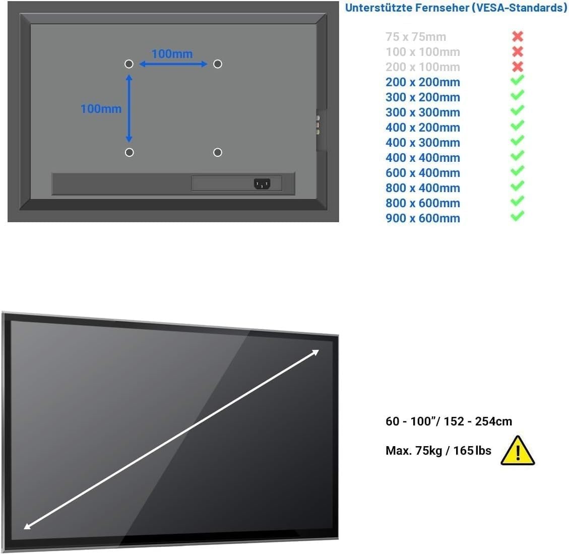 Detalle 2 de deleyCON Universal TV Wandhalterung 60"–100" Neigbar | VESA 900x600 | bis 75 kg