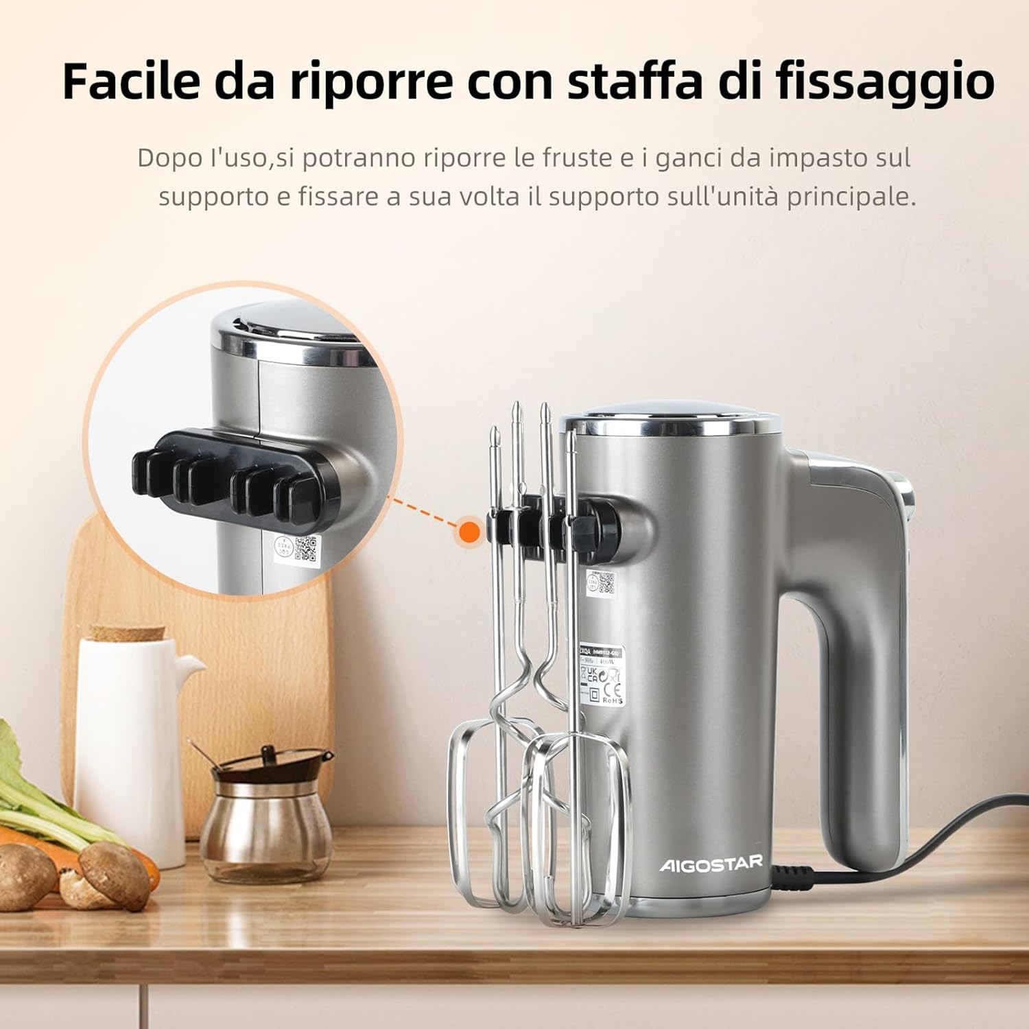 Thumbnail 5 de Aigostar Sbattitore Elettrico Adela: Fruste Professionali 400W con 5 Velocità + Turbo, Supporto e Accessori inox