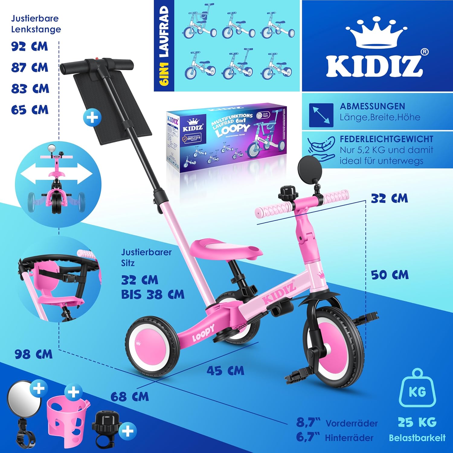 Thumbnail 6 de KIDIZ 6in1 Laufrad Dreirad LOOPY Rosa – Wachstumslaufbahn von 1 bis 5 Jahren