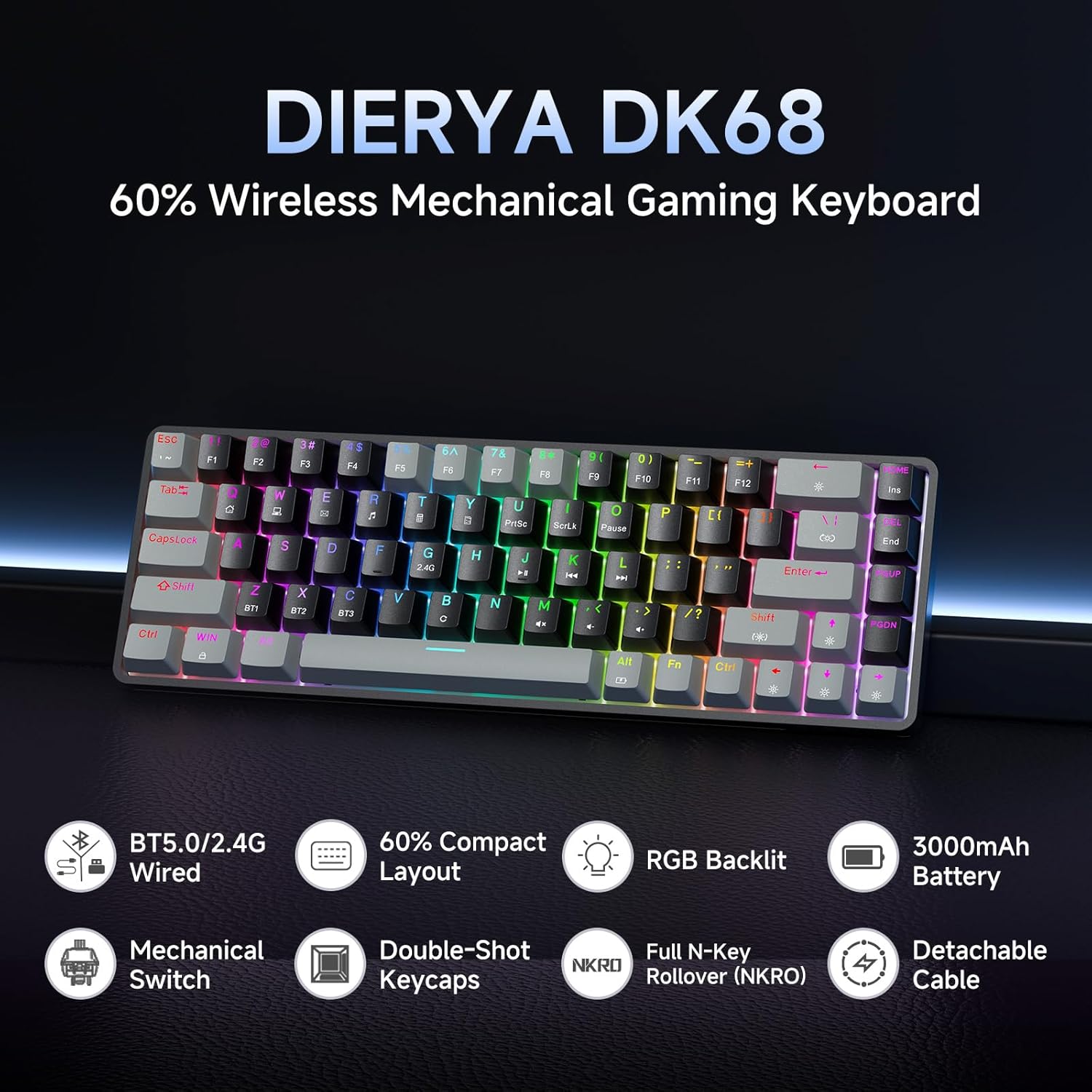 Detalle de Dierya DK68 tastiera gaming 60% wireless