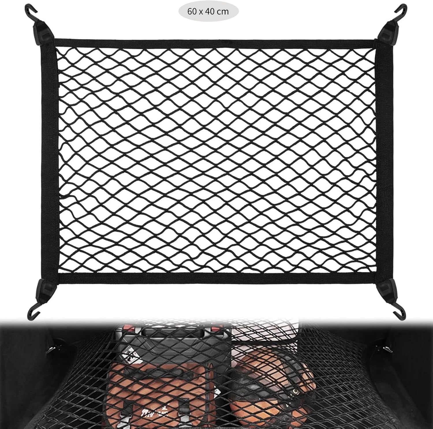 Zocipro Cargo Net: Adjustable Elastic Car Boot Mesh (60x40cm to 120x80cm) with 4 Hooks
