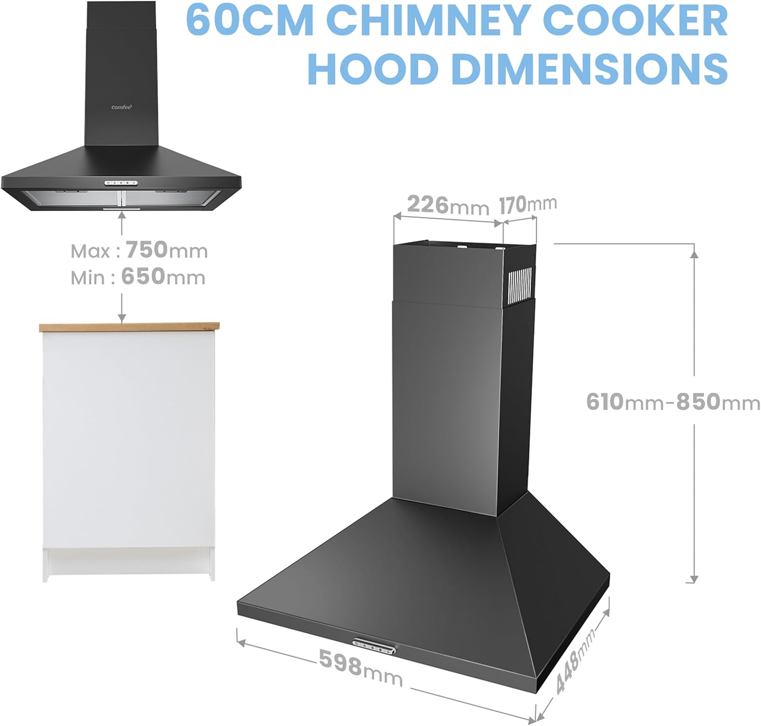 Thumbnail 3 de COMFEE' 60cm Chimney Cooker Hood (Wall Mounted) in Black