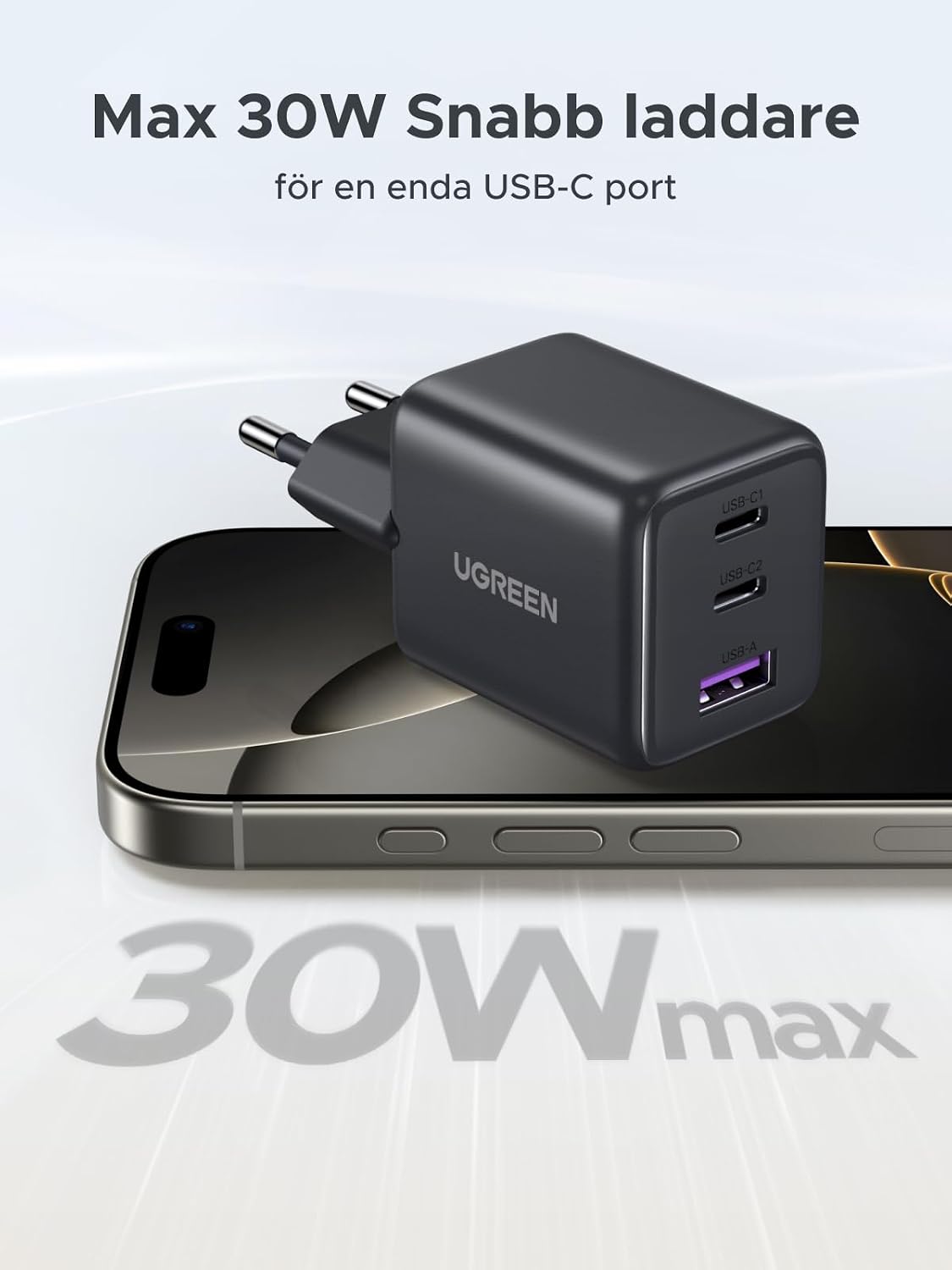 Detalle 2 de UGREEN 30 W USB-C-laddare med 3 portar och GaN II