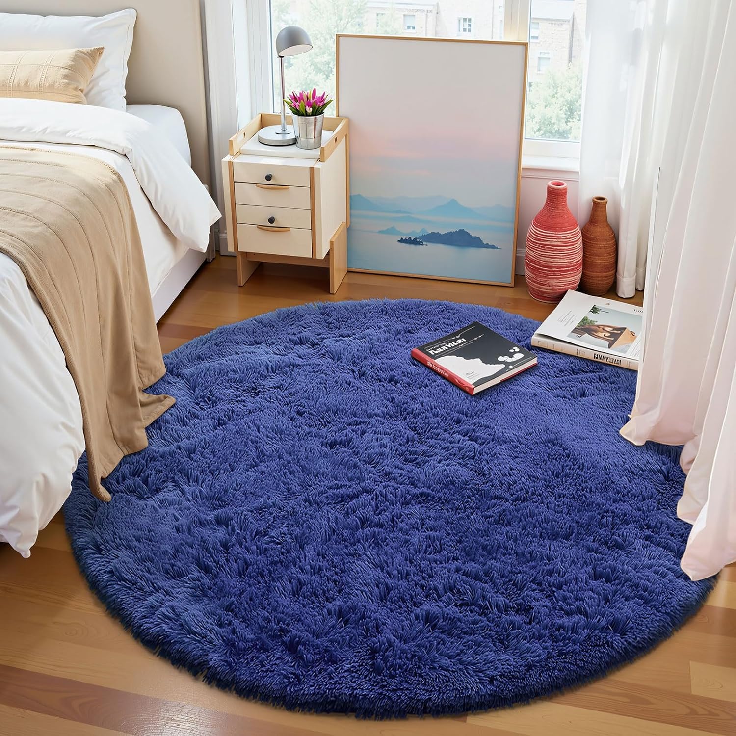 Detalle de Homaxy Hochflor Teppich 200 cm Rund Marine Blau – Anti-Rutsch-Unterseite, waschbar