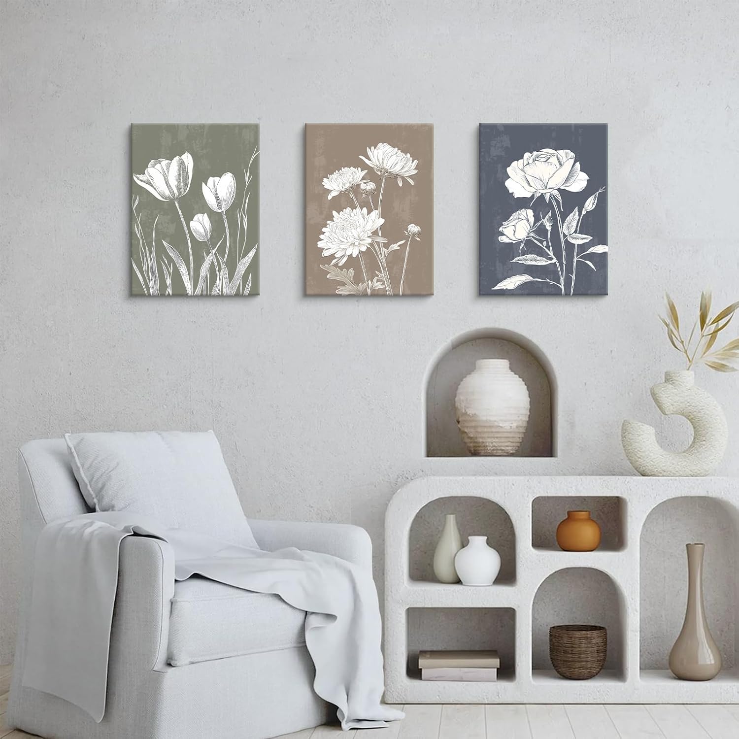 Thumbnail 2 de 3-teilige Boho-Wandbild-Set (Weiß, botanisch, blau/grün/lila) auf Leinwand mit Massivholzrahmen, 30x40 cm je Bild