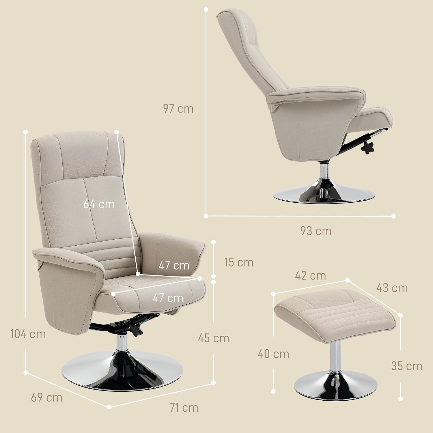 Thumbnail 2 de HOMCOM Fauteuil Relax inclinable 135° beige