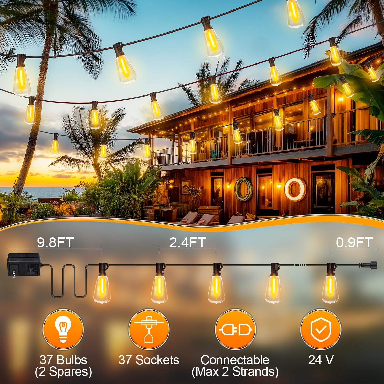 Thumbnail 6 de Outdoor Lights String Patio Outside (100ft) LED Waterproof ST38 Shatterproof Edison Bulbs with Remote, Dimmable