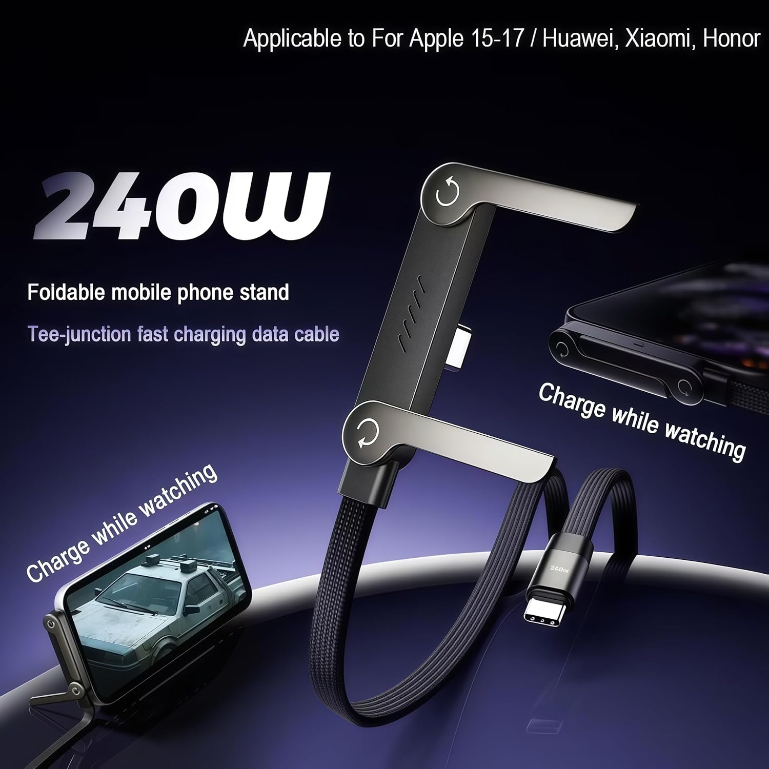 Thumbnail 1 de Kitbox 240W USB-C Ladekabel mit seitlichem 90° Anschluss und faltbarem Handyständer – 1,5 m