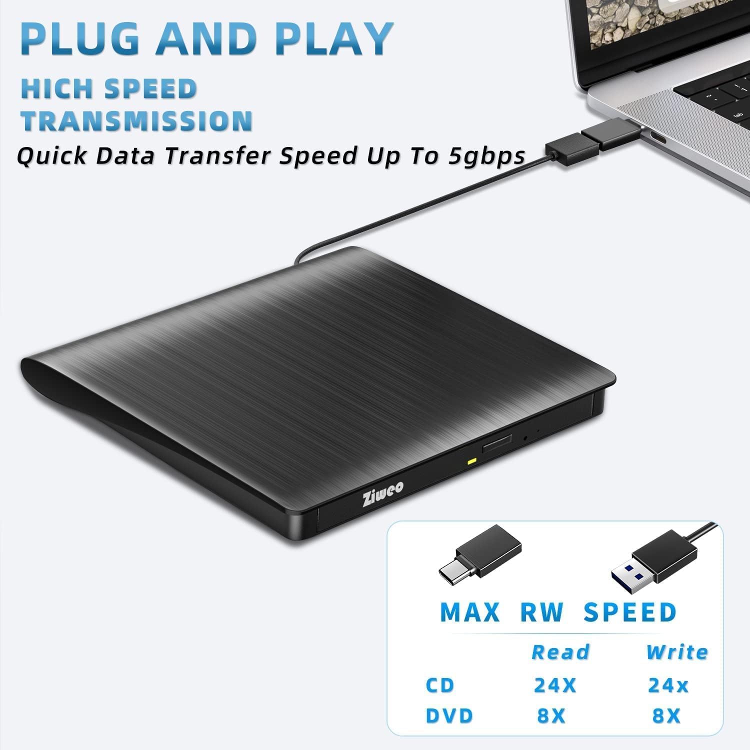 Detalle de Ziweo External CD/DVD Drive — Portable USB 3.0 Type-C Burner and Reader