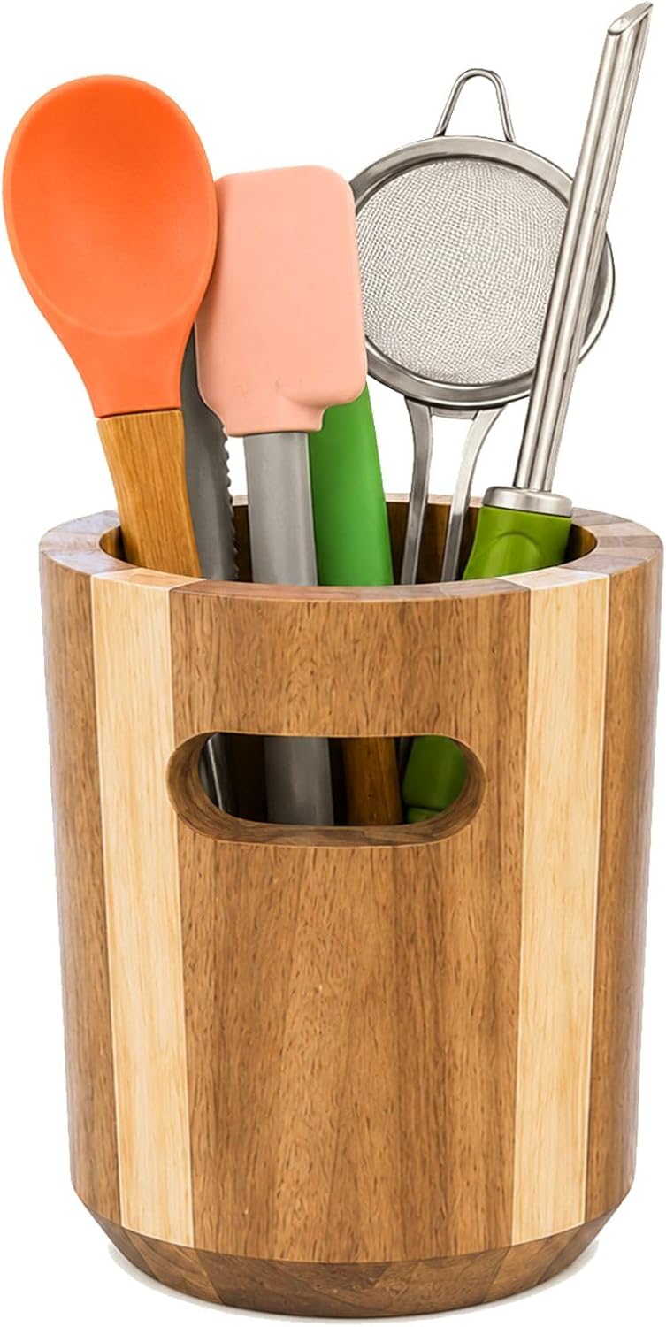 Detalle de AYAMAX AYA00211 Acacia Wood Utensil Holder, Small, 360° Rotating