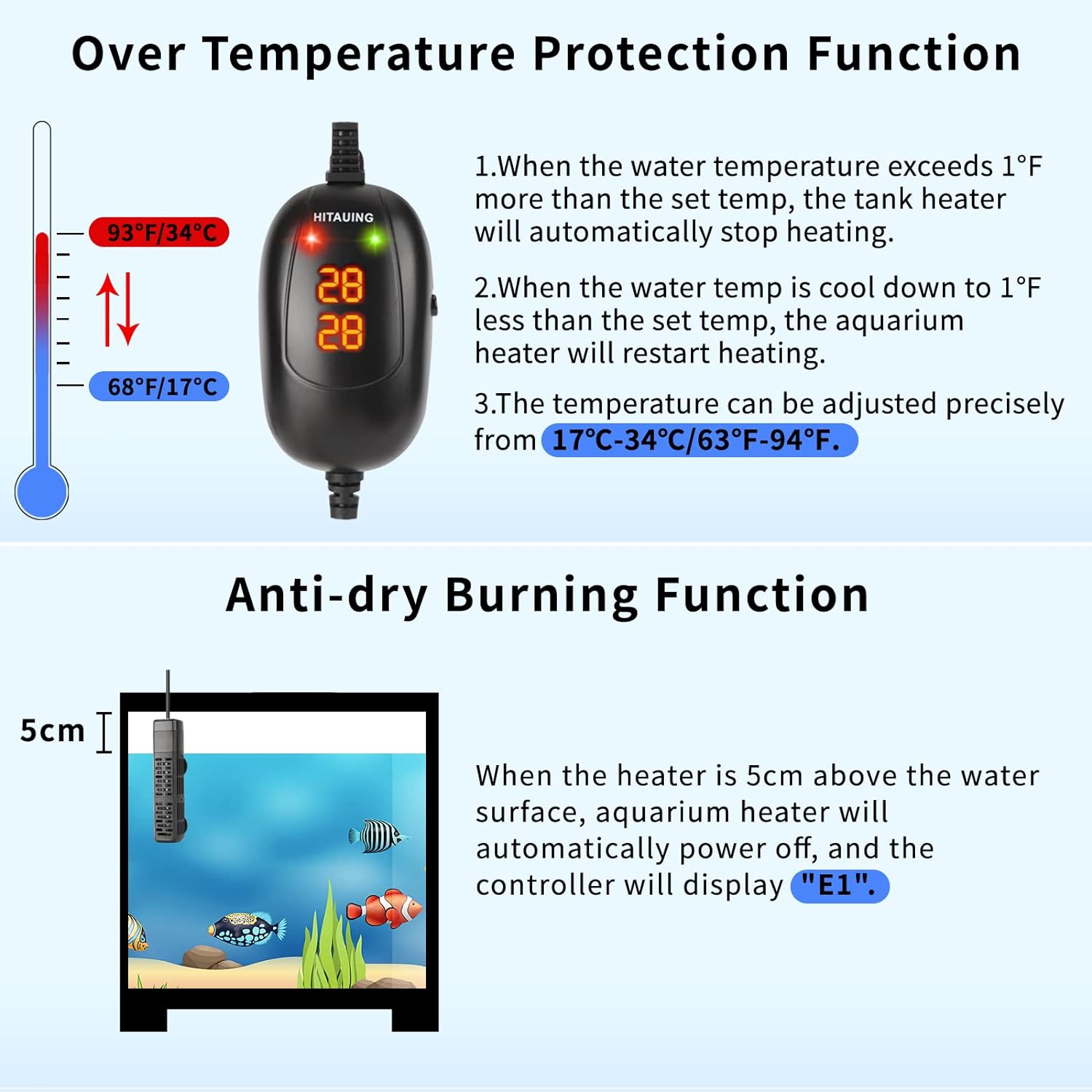 Detalle de HiTauing Aquarium Heizung Tauchheizer mit Übertemperaturschutz (50/100/300/500 W) für Süß- und Salzwasser-Aquarien
