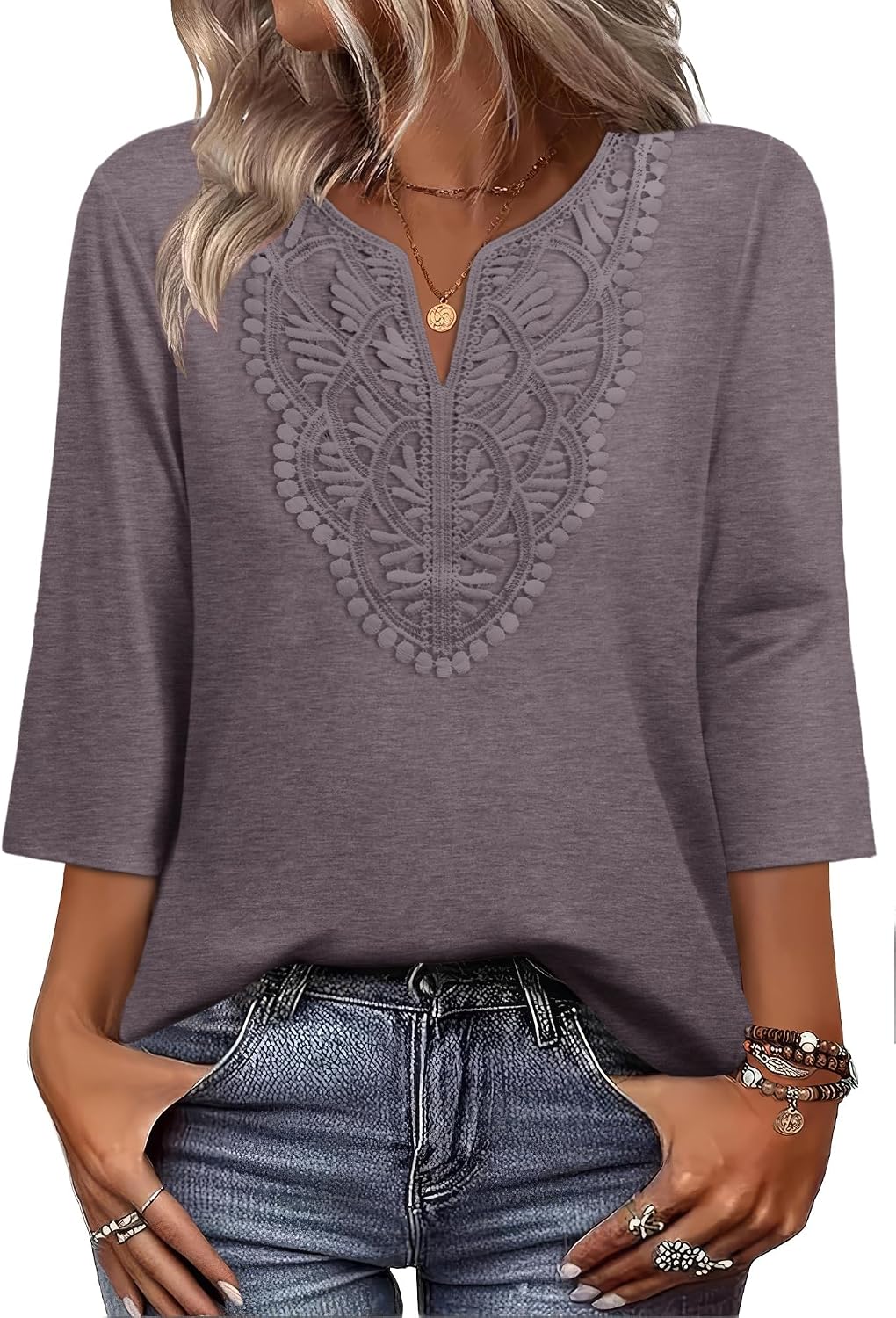 Detalle 2 de WIHOLL 3/4 Sleeve Boho V‑Neck Top S-3XL