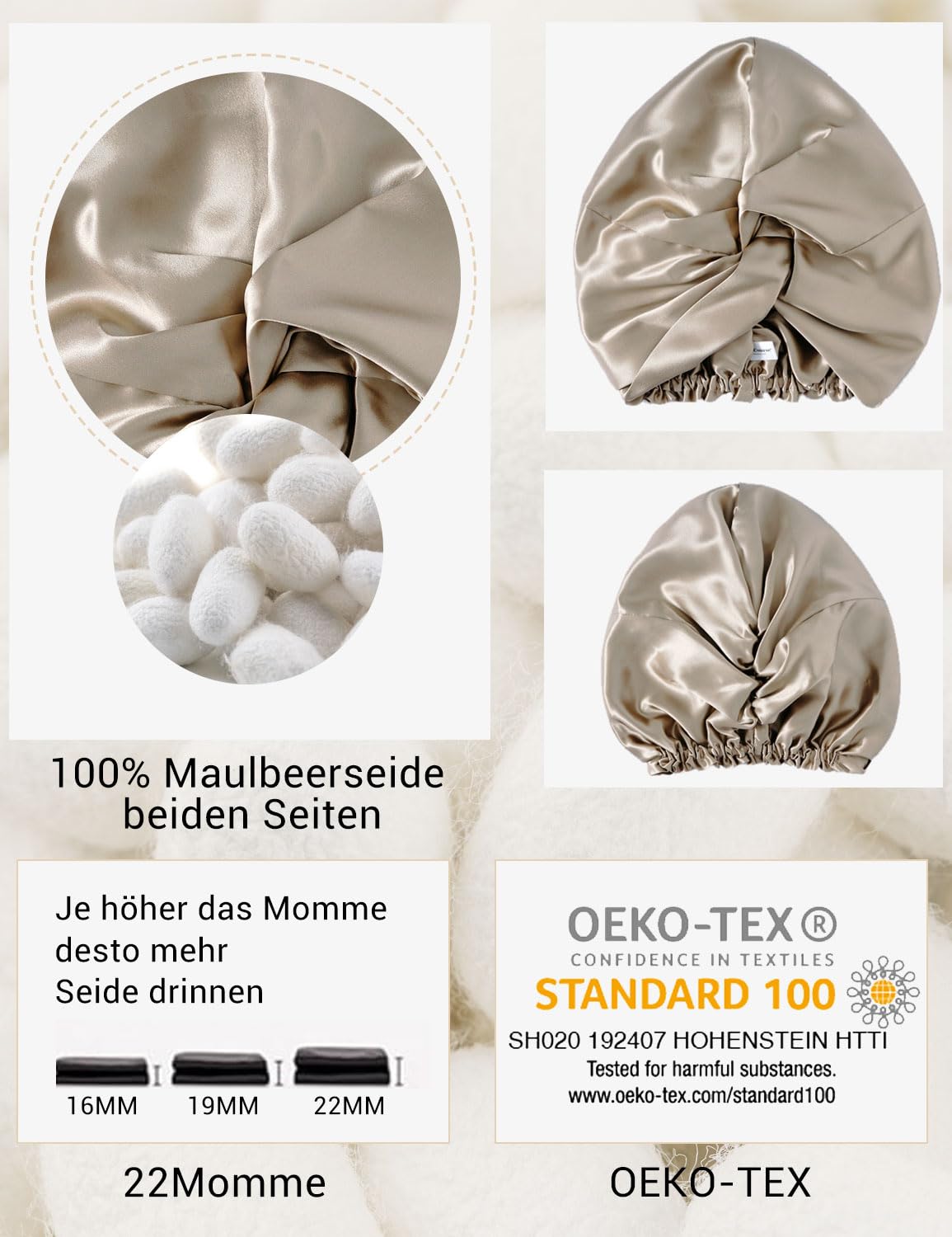 Detalle de LaCourse Rutschfeste Verstellbare Echte 22 Momme Seidenhaube aus 100% Maulbeerseide (Karamell) – Schlafhaube für gesundes Haar