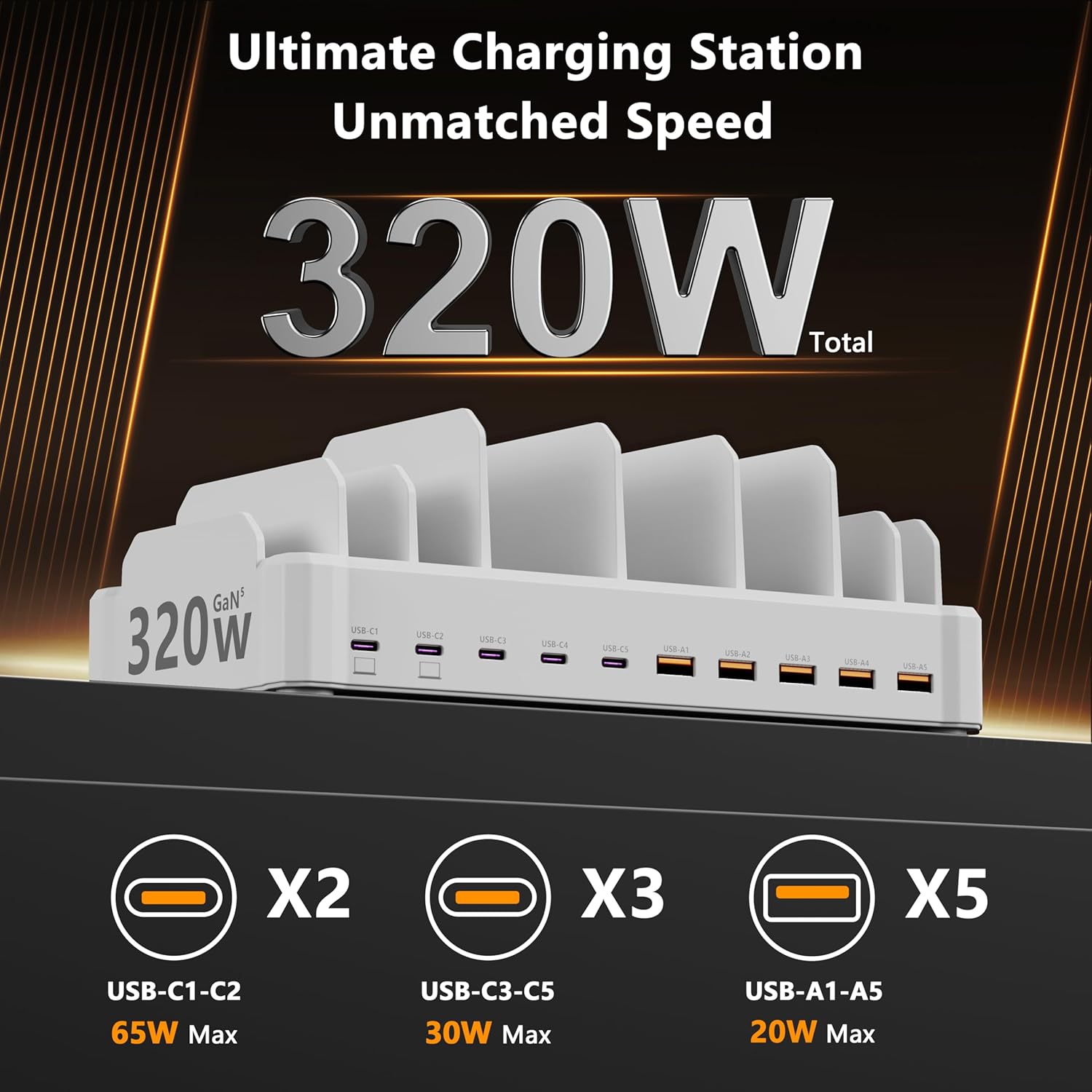 Detalle de 320W GaN 10-Port Charging Station with 10 Cables and Dual 65W PD