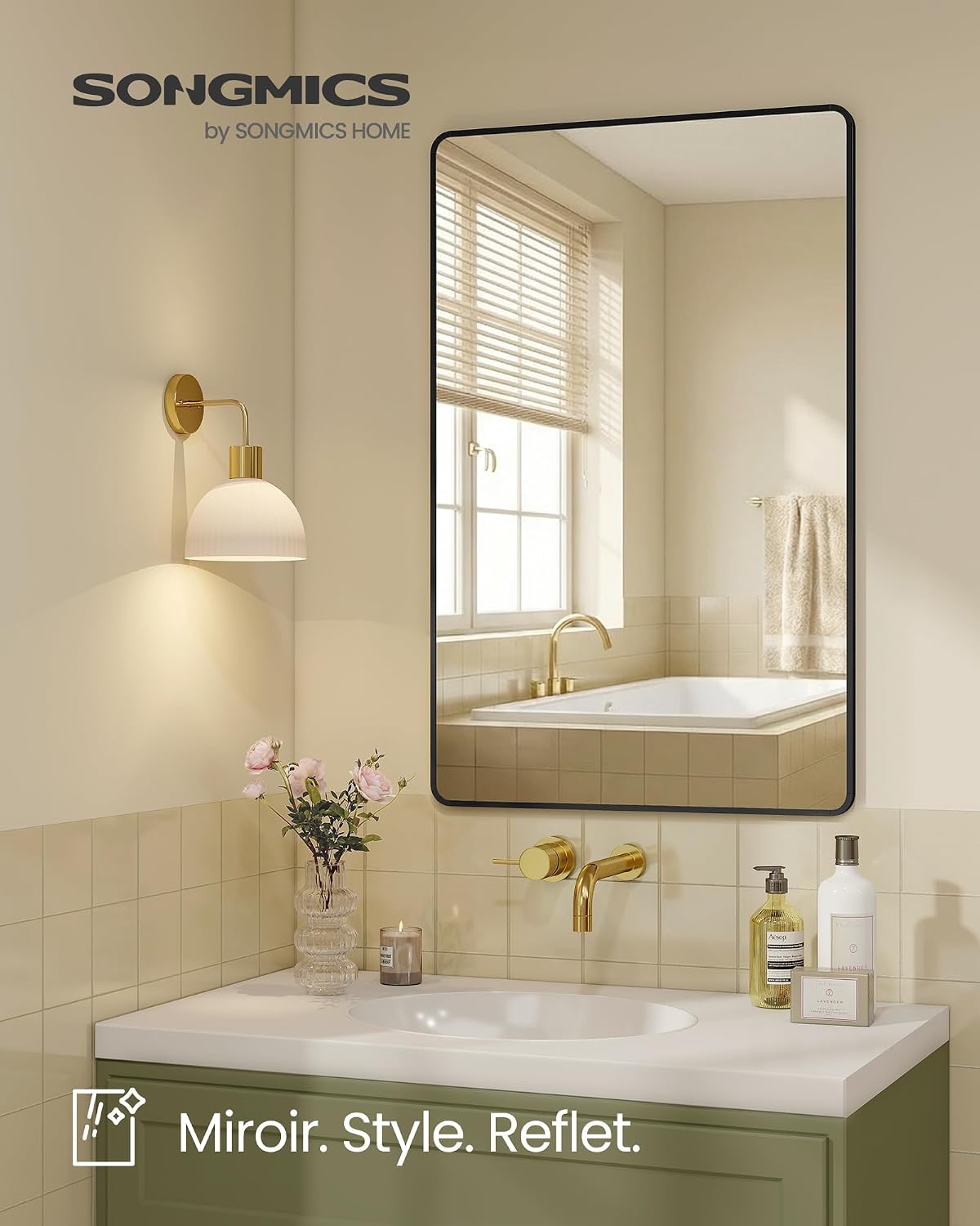 Detalle de SONGMICS Miroir Salle de Bain 110 x 70 cm – Cadre en aluminium, verre trempé, film de sécurité