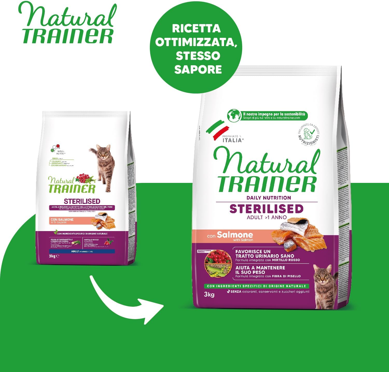 Detalle de Trainer Natural Sterilised Adult con Salmone e Fibra di Pisello 3 Kg – alimentazione equilibrata per animali sterilizzati