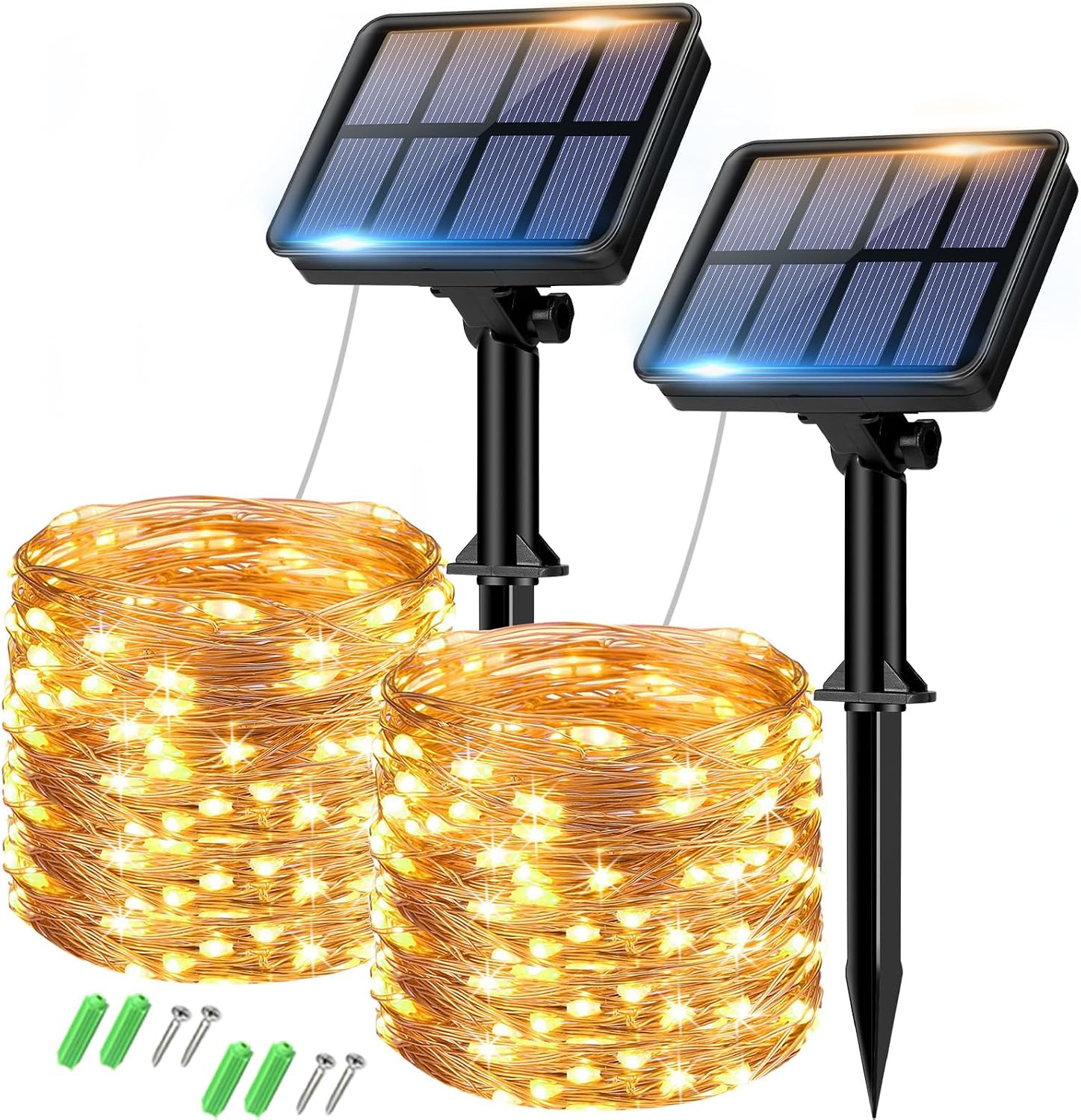 Detalle de Lot de 2 Guirlandes Solaires Extérieures Totale 16 m – 160 LED Blanc Chaud, Étanches, 8 Modes, pour Jardin et Fête