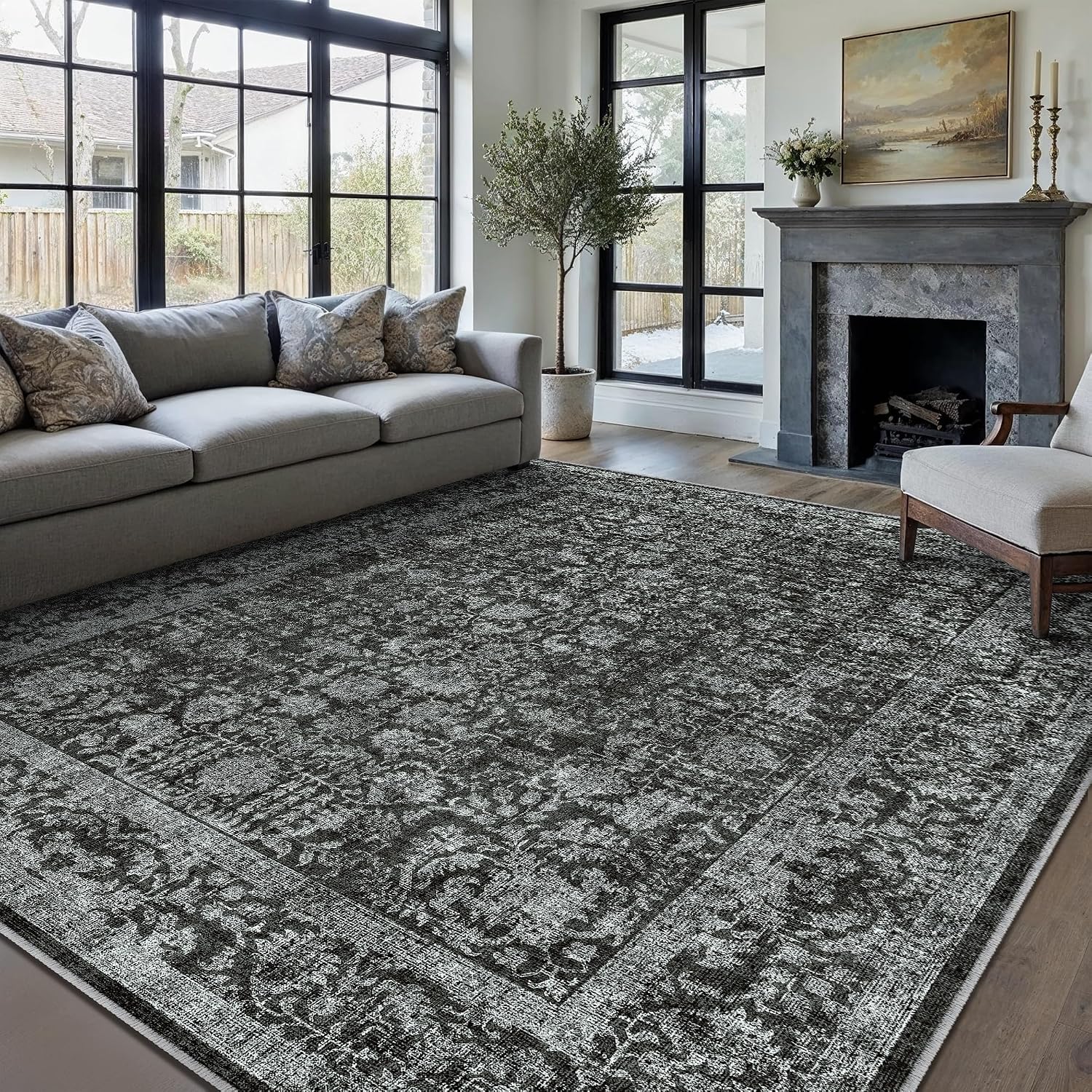 Detalle de HUGEAR Vintage Tiefschwarz waschbarer Kurzflor-Teppich für Wohnzimmer & Schlafzimmer, 240x300 cm