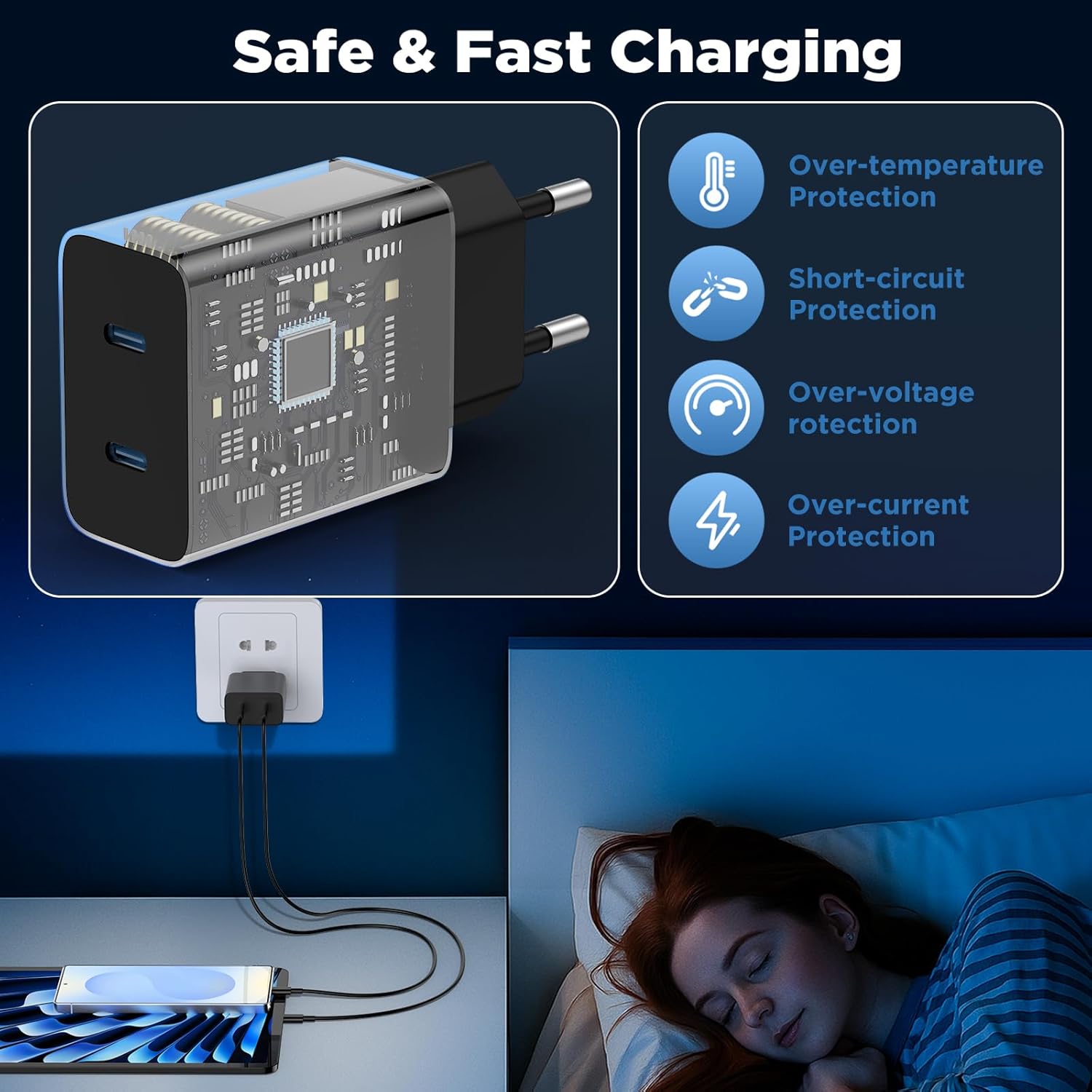 Detalle de Chargeur mural USB-C rapide 45 W à 2 ports avec câbles 2 m – pour iPhone et Galaxy