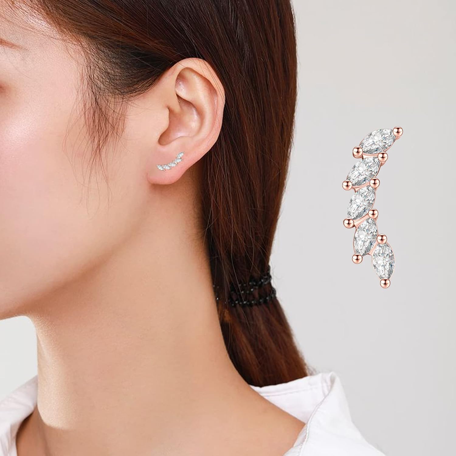 Thumbnail 6 de EPIRORA 5 CZ Silver Climber Earrings for Women – Curved Leaf Cluster