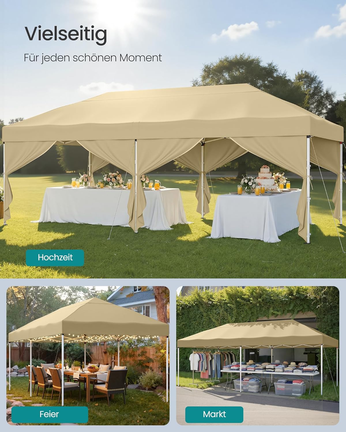 Thumbnail 5 de SONGMICS Pavillon 3 x 6 m mit Seitenwänden (beige) – faltbarer Gartenpavillon für Party, Markt & Hof GCT204LZ01