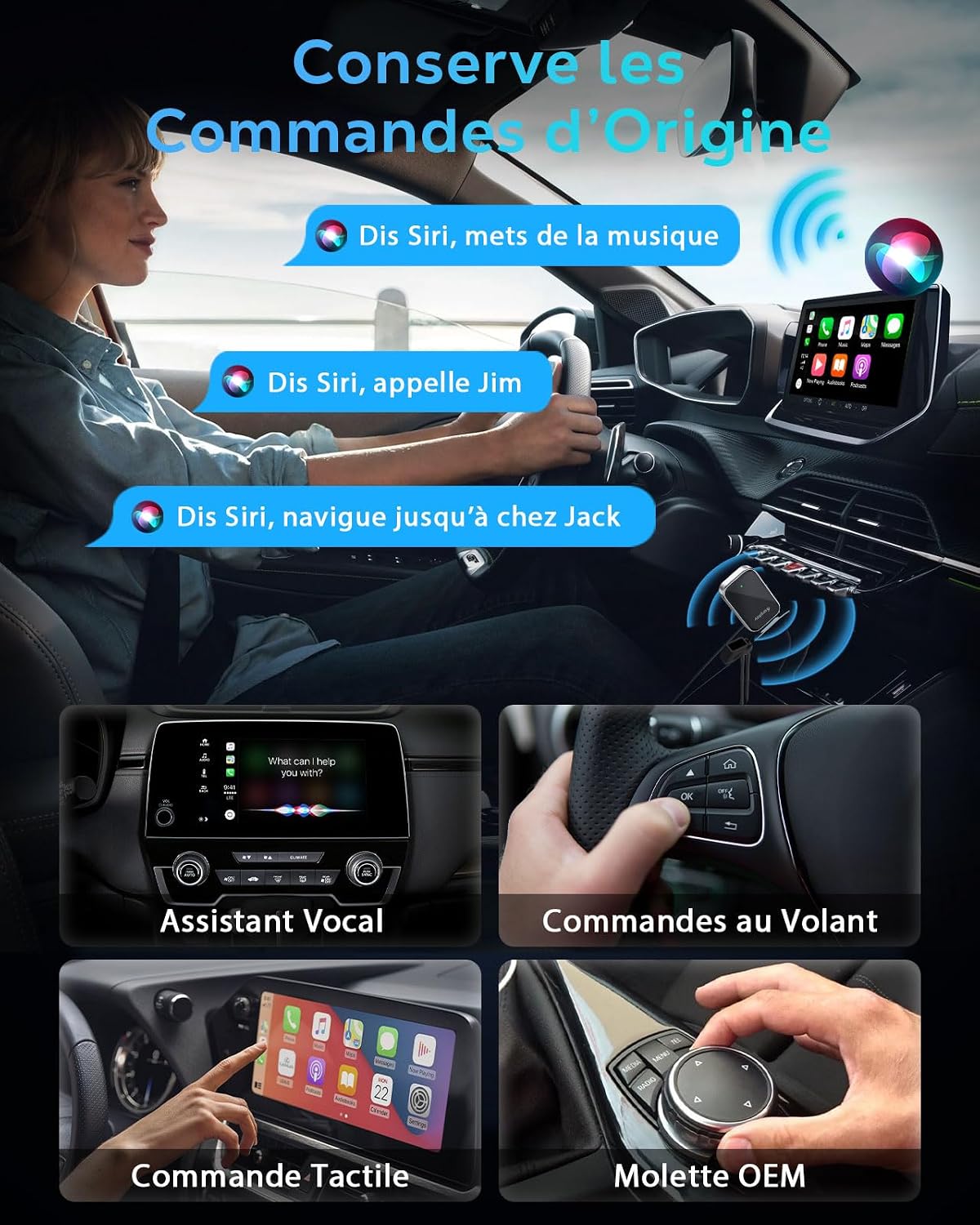 Detalle de Adaptateur CarPlay sans Fil pour Apple iPhone – 2025 (Plug & Play, WiFi 6 / Bluetooth 5.3)