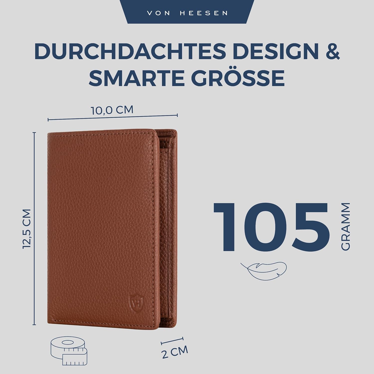 Detalle de VON HEESEN Leder Geldbörse RFID-Schutz – Echtleder Brieftasche Cognac-Braun