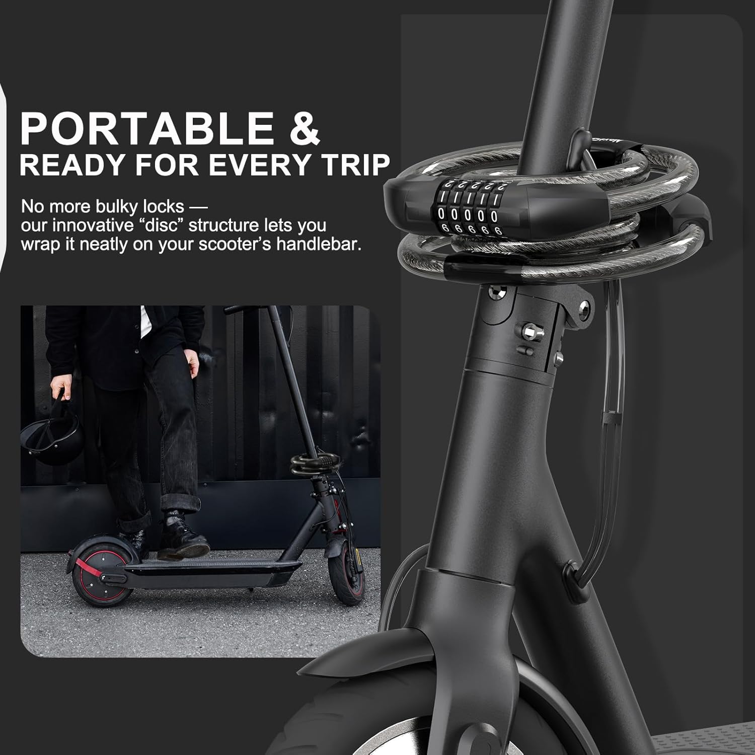 Detalle de NextSeal E-Scooter Schloss mit Doppel-Zahlenschloss und 12 mm Kabel (105 cm)
