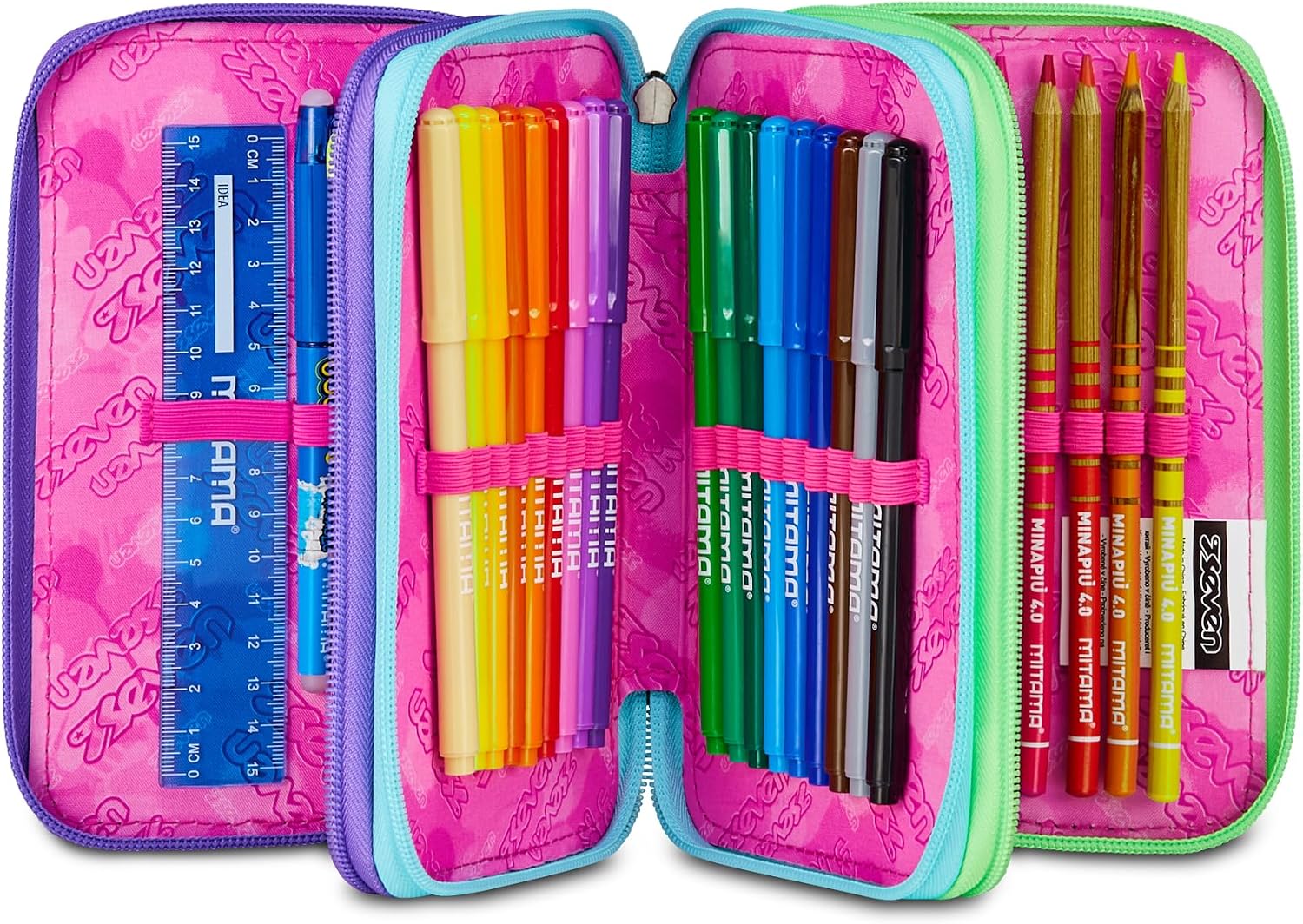 Detalle de Seven Astuccio Scuola Elementare a 3 scomparti con Zip blu/viola – tutto l’occorrente a portata di mano