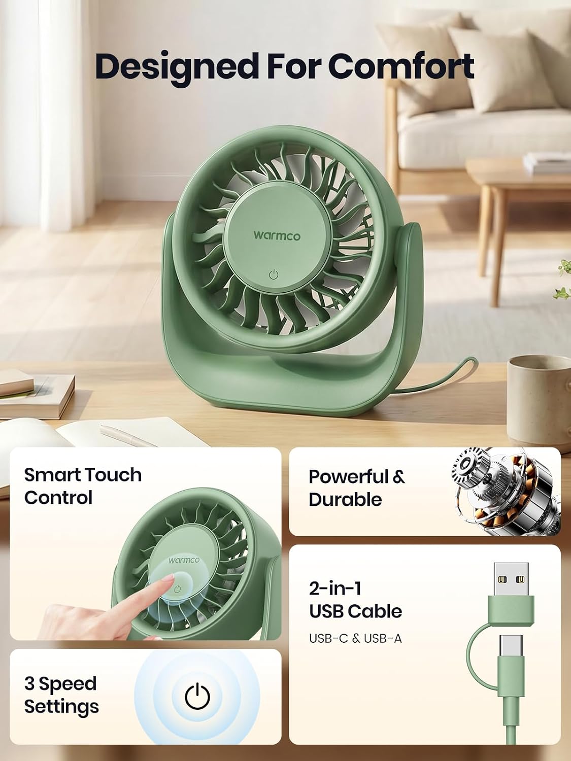 Detalle de Warmco USB Desk Fan DS1: 3-Speed, 2-in-1 USB-A & USB-C, 120° Tilt, No Battery